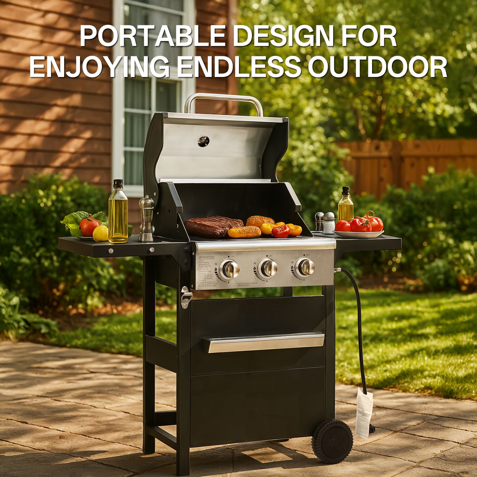 YIORTWO 3 Burner Propane Gas Grill with Cover, Outdoor BBQ with Stainless Steel Lid and Storage Cabinet (Black, 27,000 BTU) 60l9b