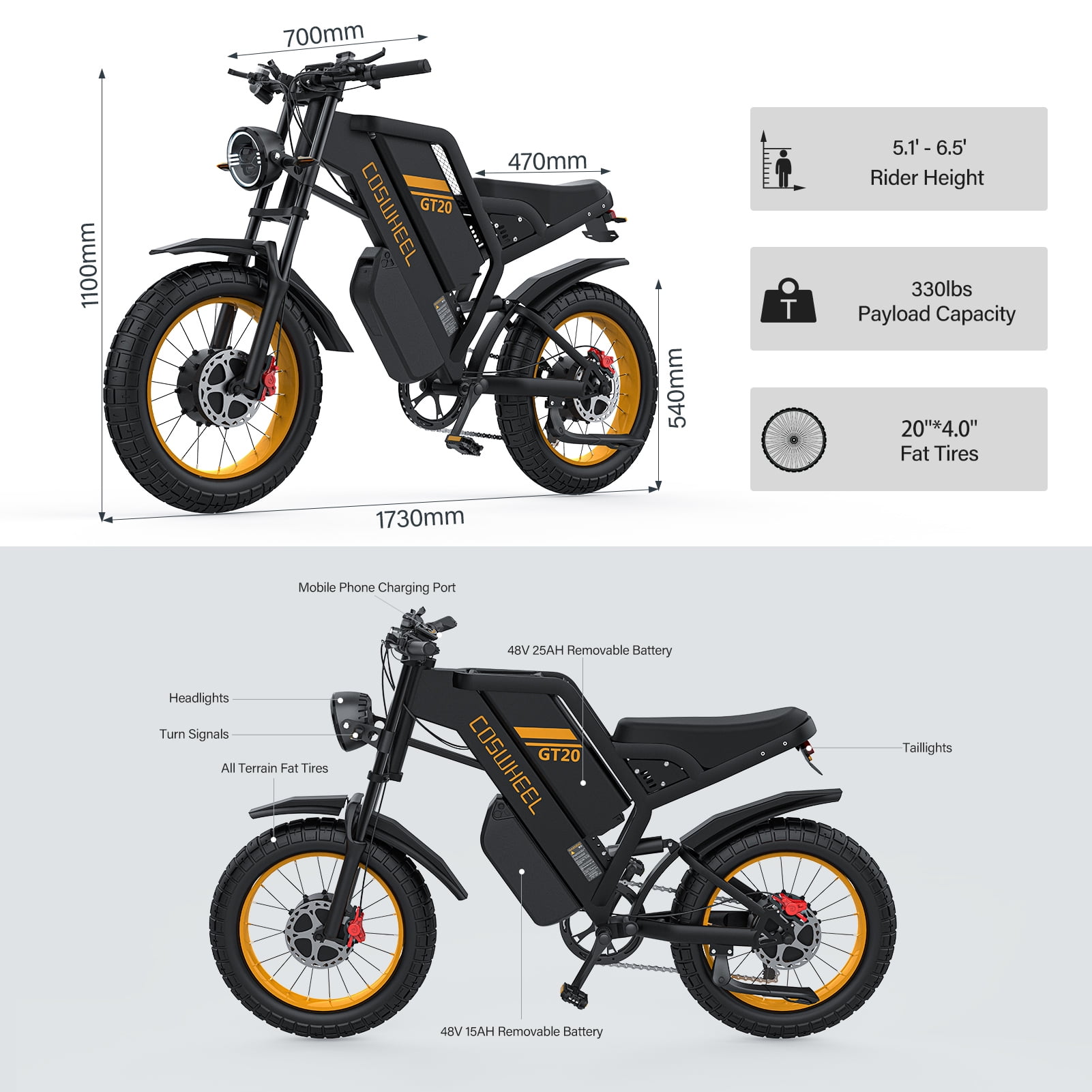 COSWHEEL GT20 Pro Electric Bike for Adults, 3000W Motor Fat Tire E-Bike with 48V/25Ah Battery, 7-Speed Off-Road Mountain Bicycle (Black, 20 in) 8boit