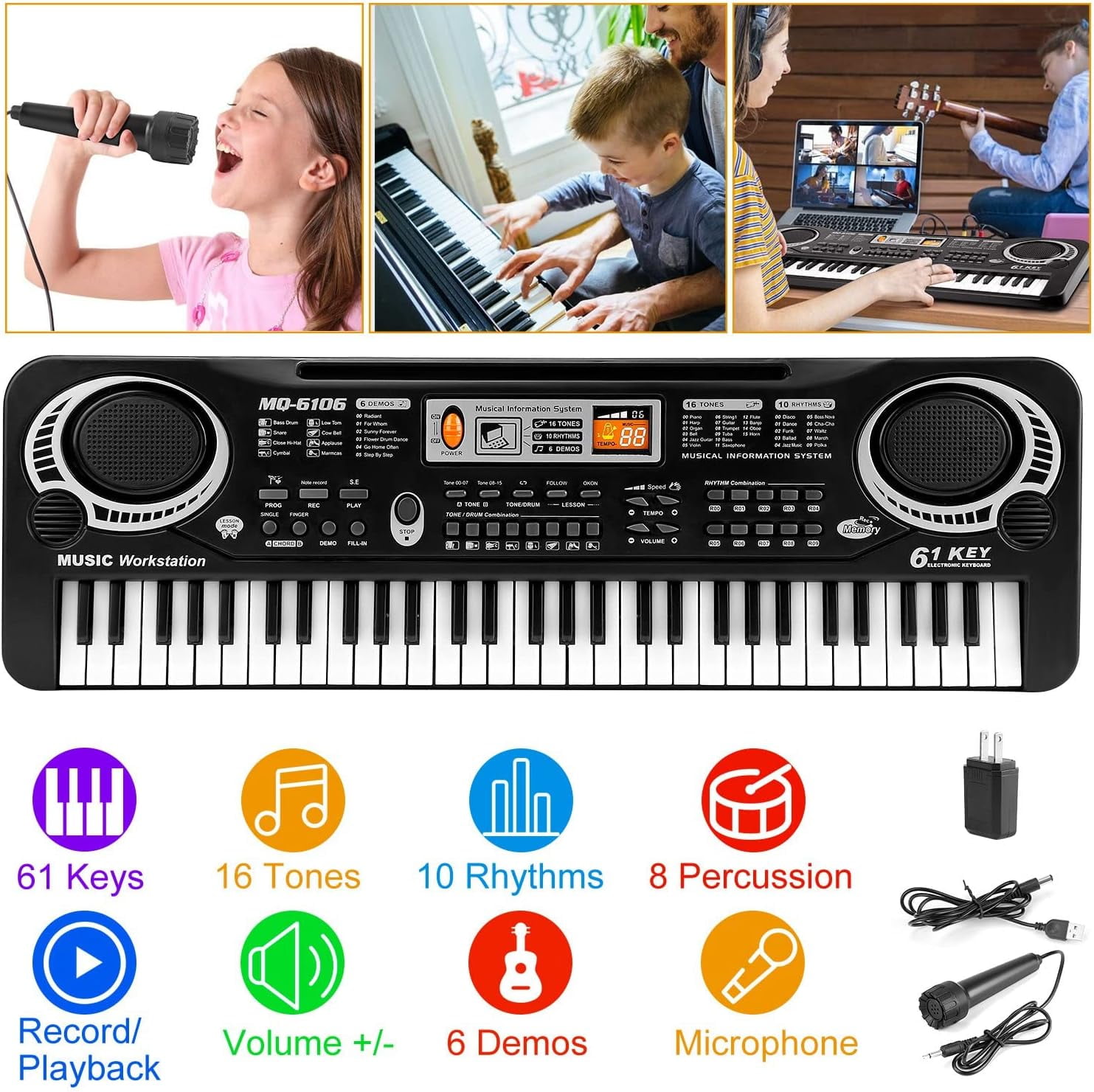 Anself 61-Key Electronic Keyboard Piano with Microphone for Kids (Black, 21.2 in x 6.7 in x 2.16 in) n5zvj