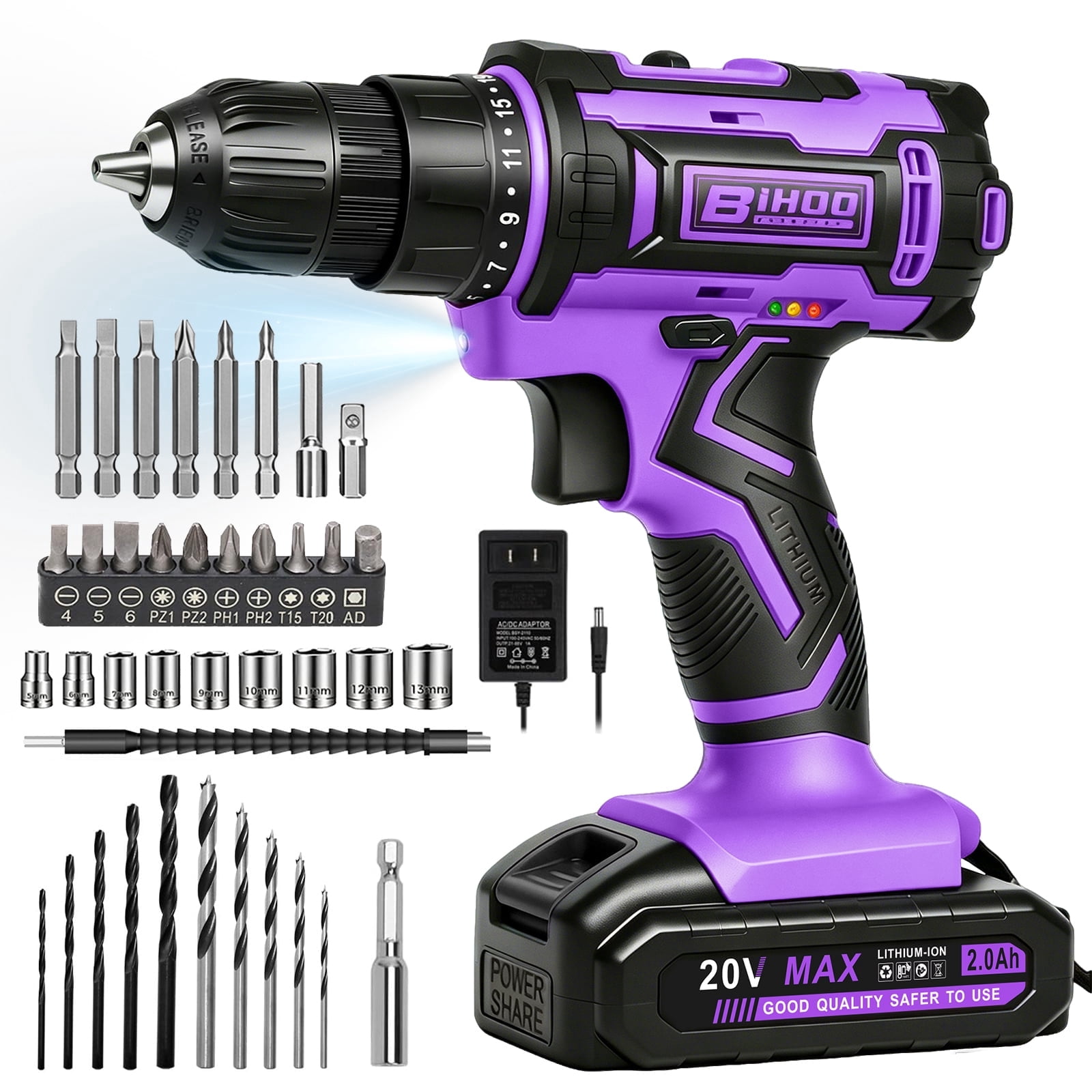 Loonpon 20V Cordless Power Drill Set with Battery and Charger (Purple, 3/8-Inch Chuck) yx8e0