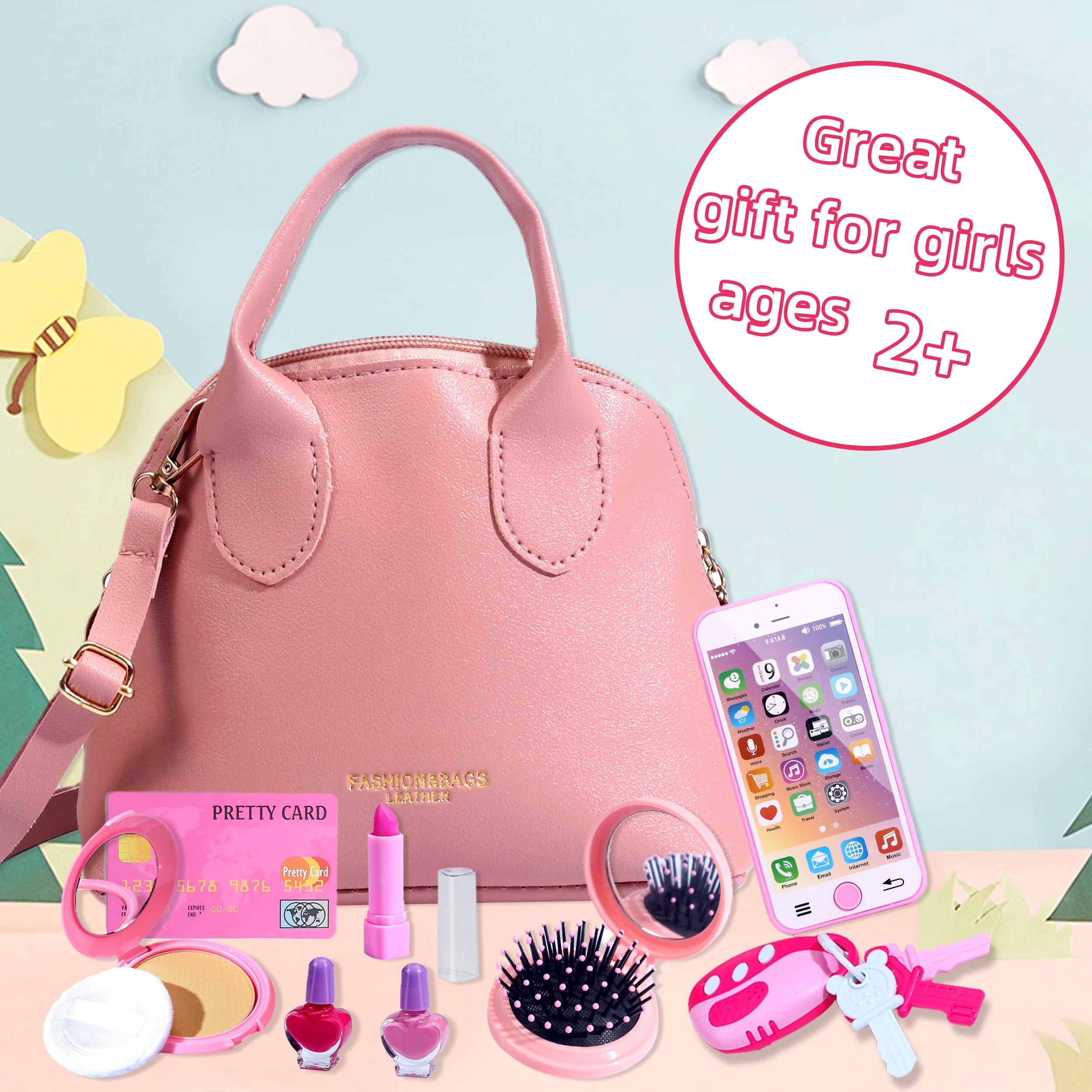 TiokMc Princess Play Purse Set, Pretend Makeup and Fashion Accessories for Kids (Pink, 31-Piece) qjp2q