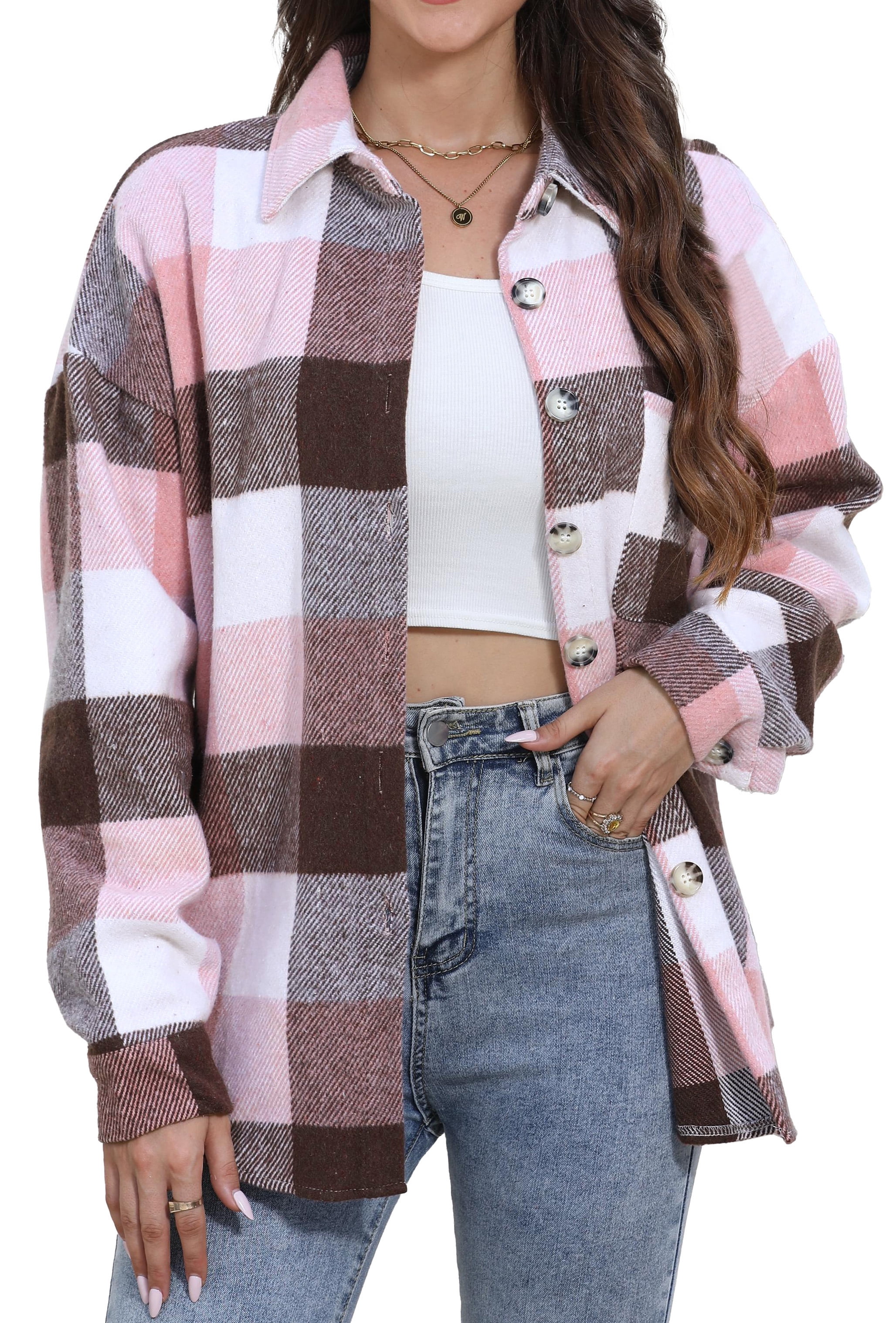 Fantaslook Womens Plaid Flannel Shacket Jacket Long Sleeve Button Down Boyfriend Shirt (Pink, M) 9tcuz