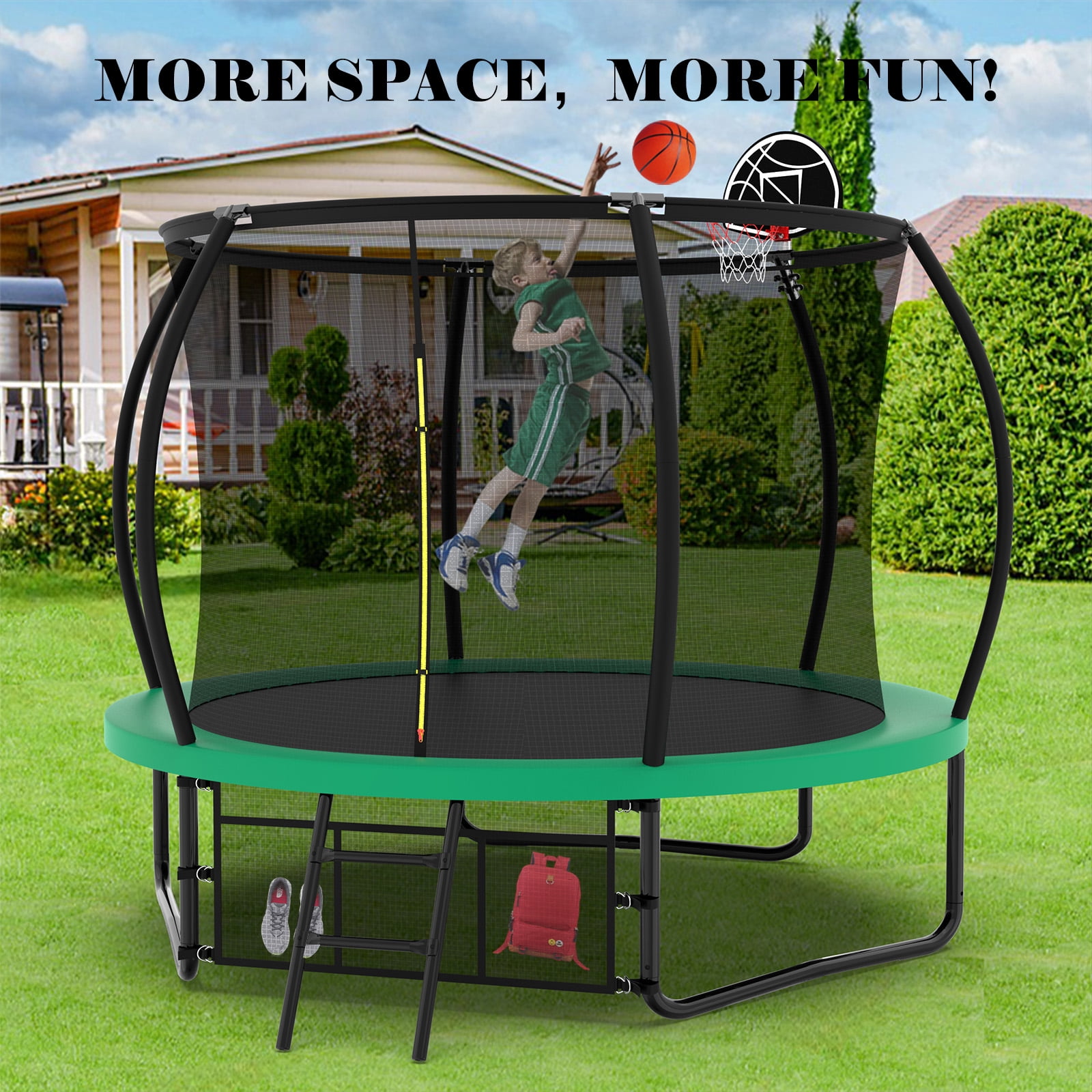 Euroco Outdoor Trampoline with Basketball Hoop and Two-Step Ladder (Green, 10 ft) 43zwe