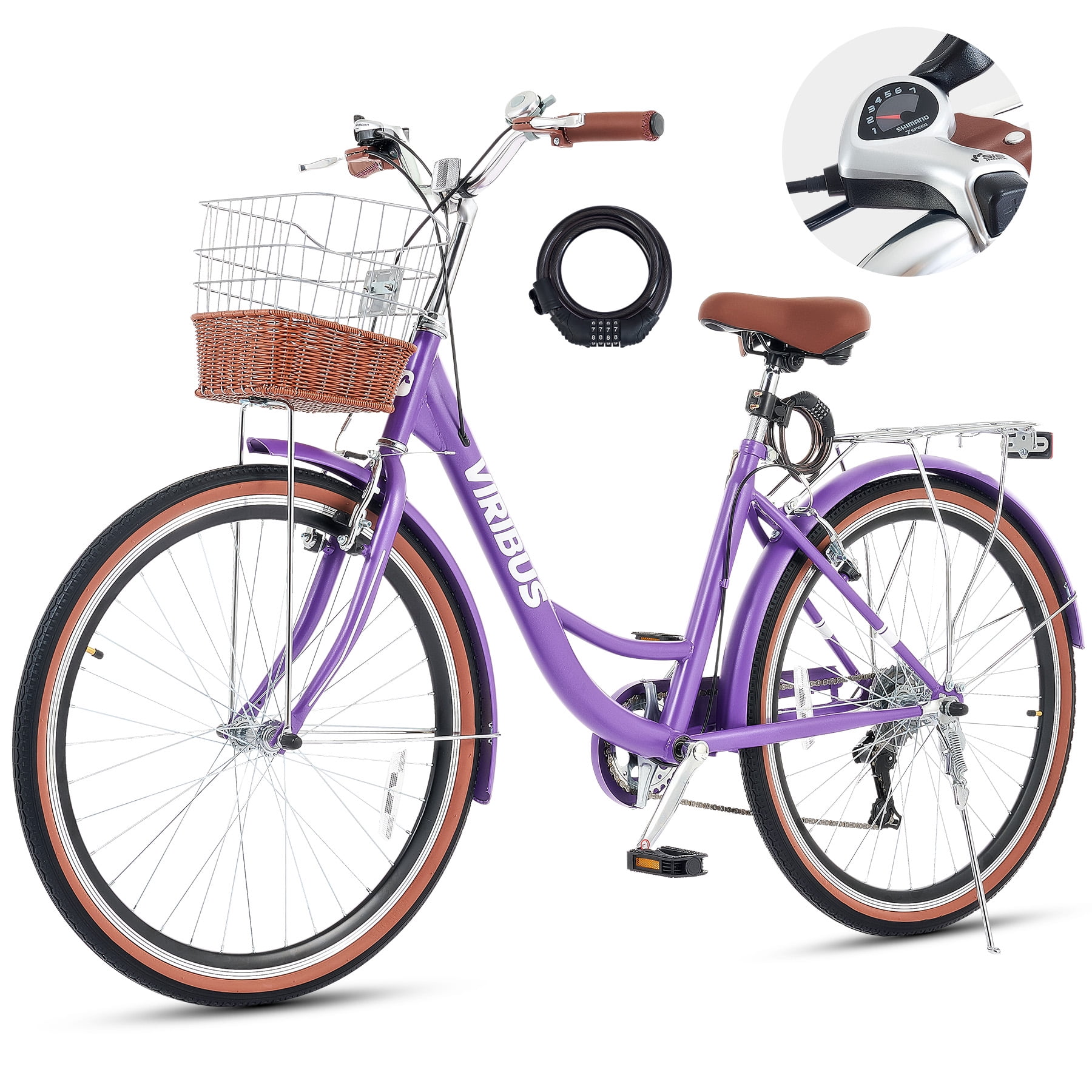 Viribus 24 in Women's Cruiser Bike, 7-Speed Beach and City Bicycle with Basket and Rack (Purple, 24 in) wzbic