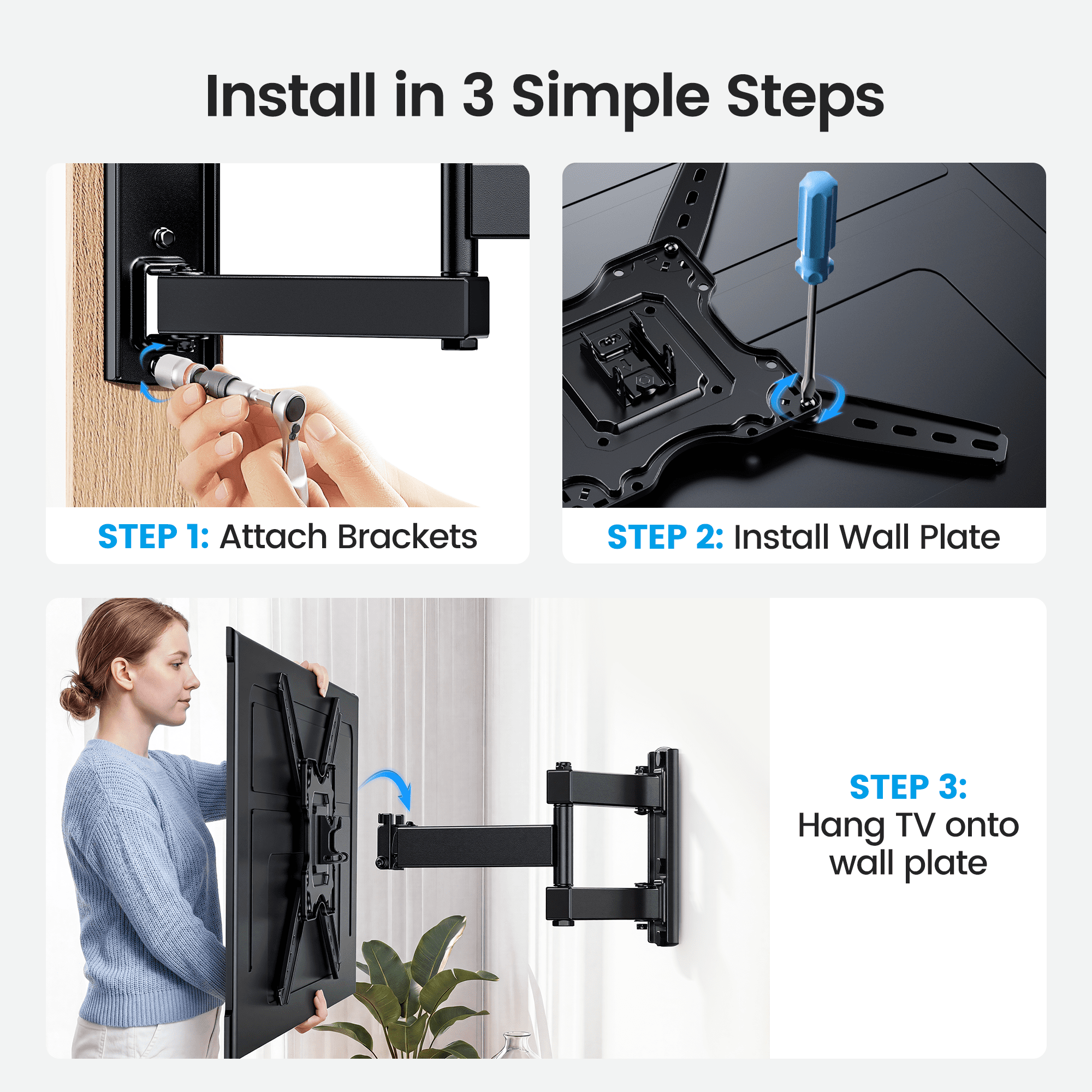 MountFTV Full Motion TV Wall Mount Bracket for 26-65 inch TVs (Articulating, Tilt, Swivel, 77 lb Capacity) x08tj