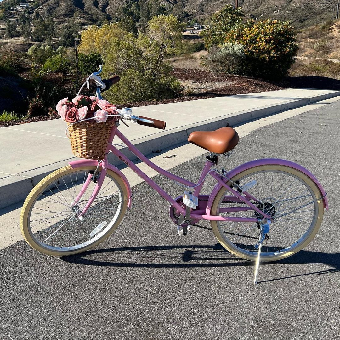 Glerc Missy 24 in Girls Cruiser Bike, 6-Speed Hybrid Bicycle with Wicker Basket (Pink) rf9wa