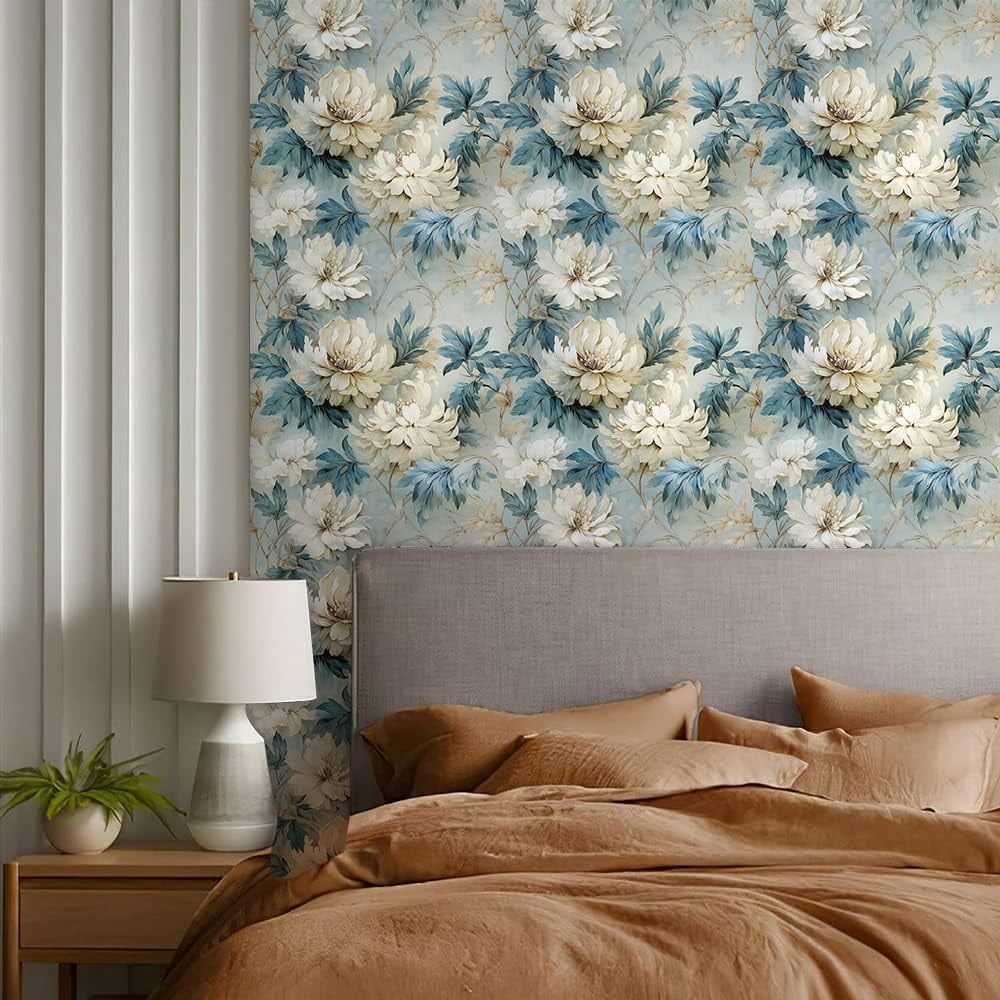 Usachibb Floral Peel and Stick Wallpaper Vintage Navy Botanical Contact Paper for Furniture and Walls (White, 17.7 in x 118.1 in) 80m28