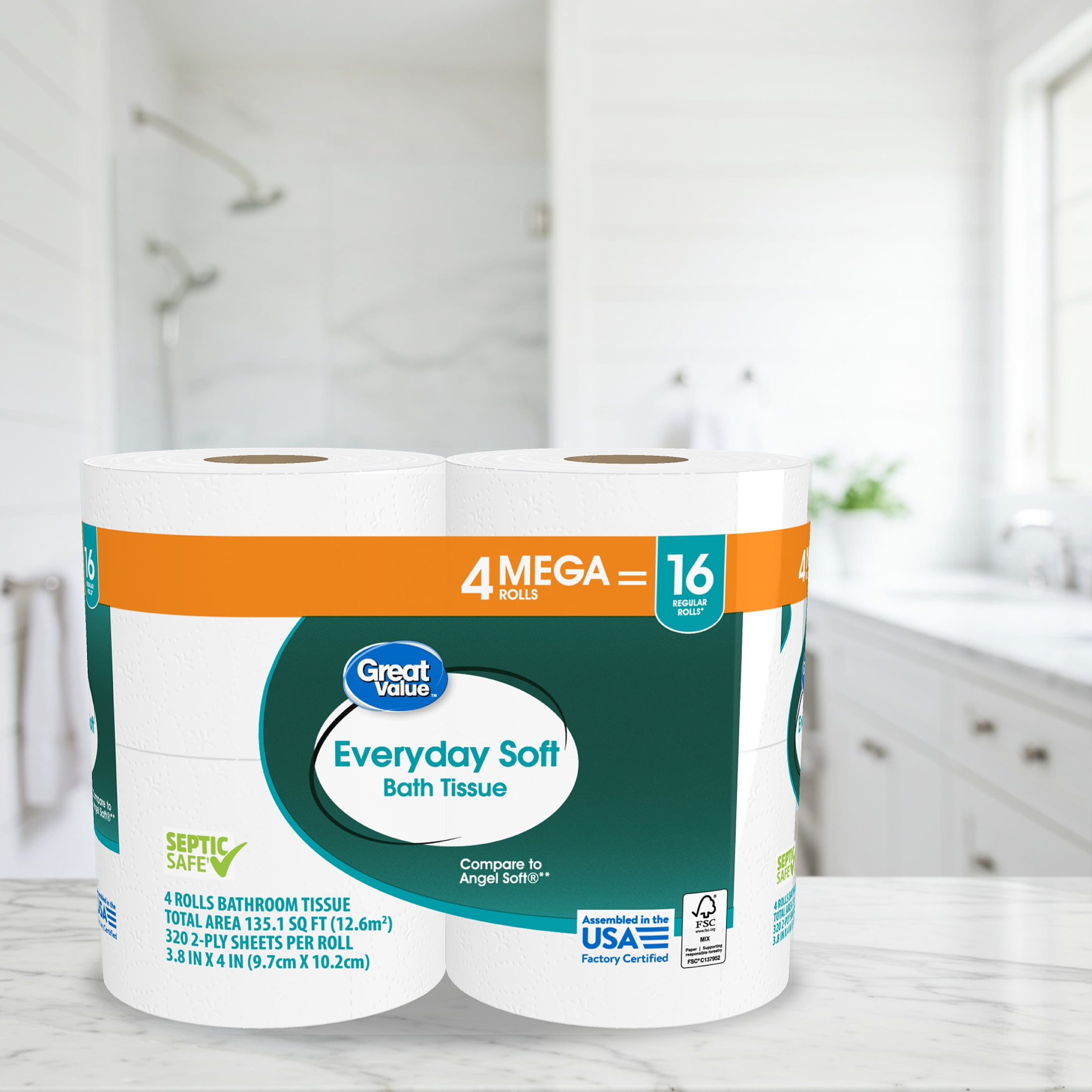 Great Value Everyday Soft Bath Tissue, 2-Ply Mega Rolls (12 Pack, 48 Total Rolls) fd47m - Image 3