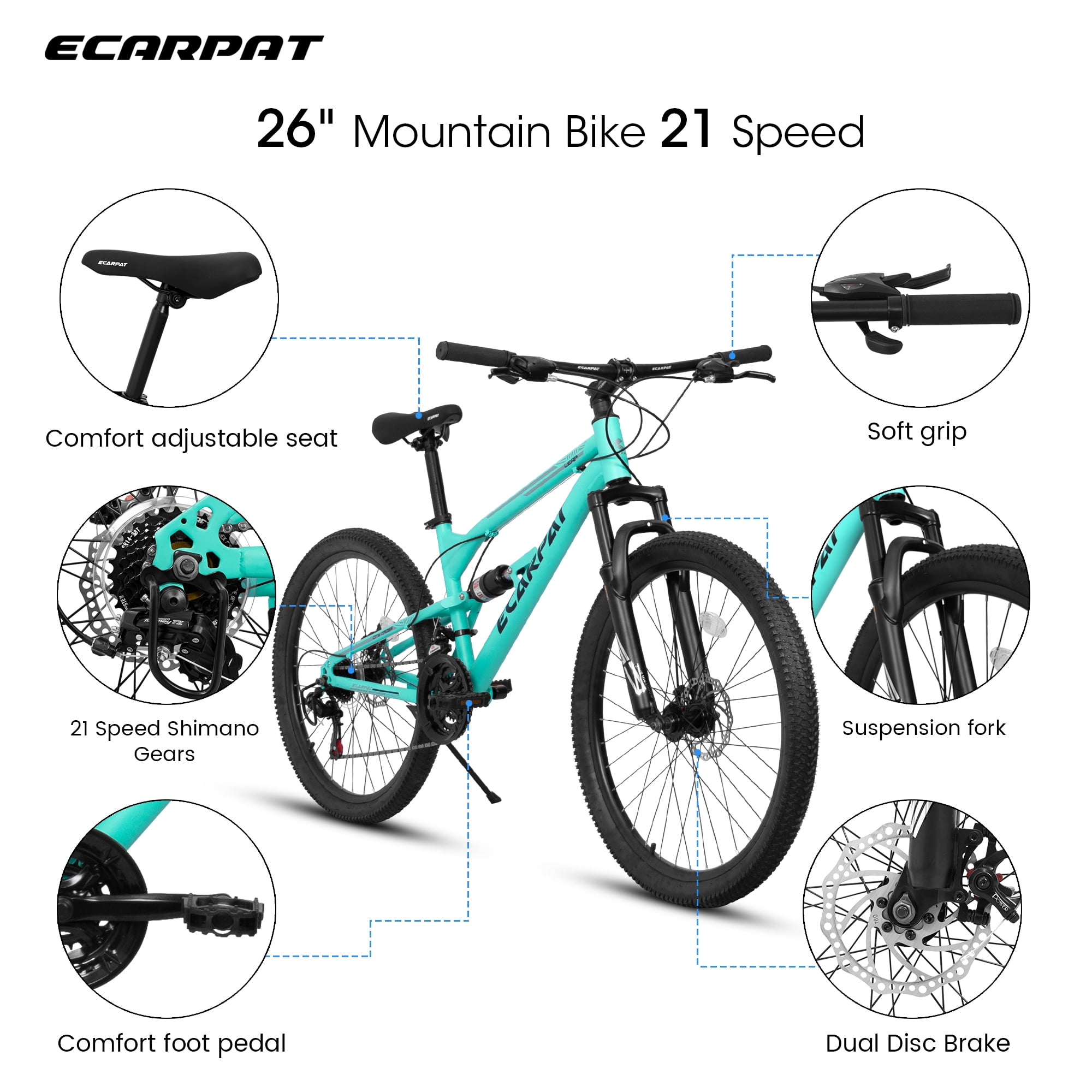 Abrihome 26-Inch Mountain Bike, 21-Speed Steel Frame with Dual Suspension (Blue, 26 in) qvhvm