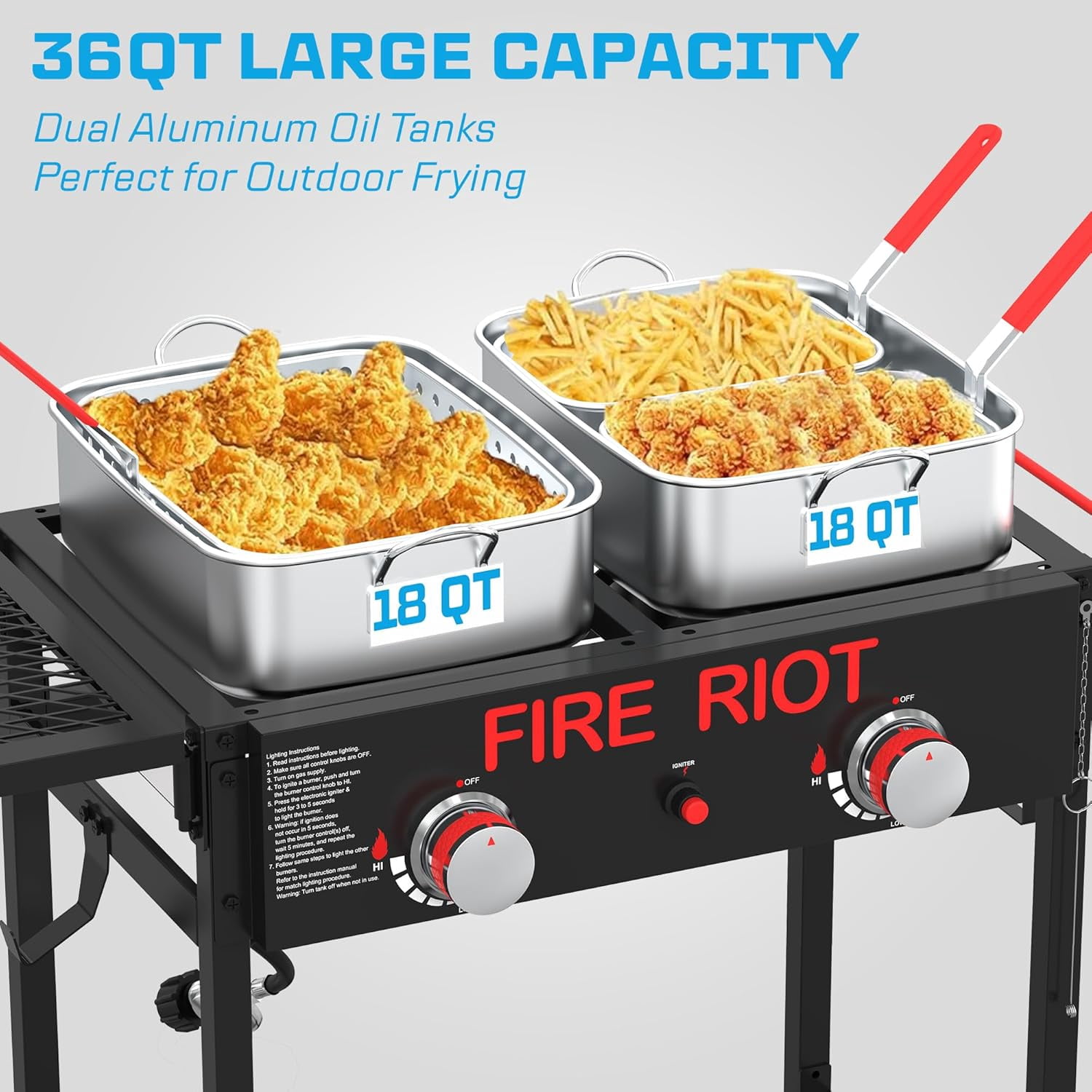 FIRE RIOT Double Burner Outdoor Propane Deep Fryer, Commercial Grade High-Power Cooker with (2) 18 qt Aluminum Pots and Baskets (Black) z7ckb