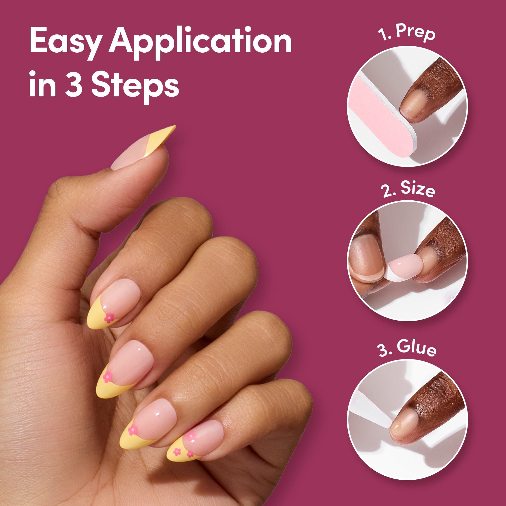 DIGI by Glamnetic Short Almond Press-on Nails, Sunny Tips Yellow French Floral (24 Pieces) nrisp