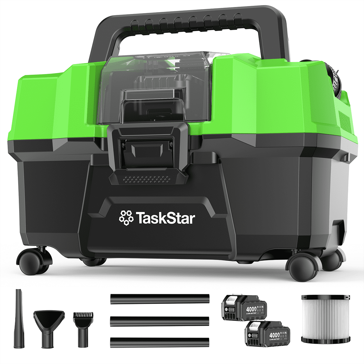 TaskStar Cordless Wet Dry Shop Vacuum with Blower, Brushless Motor, 2 Batteries, Portable Shoulder Strap (Green, 2.6 gal) hcs8i