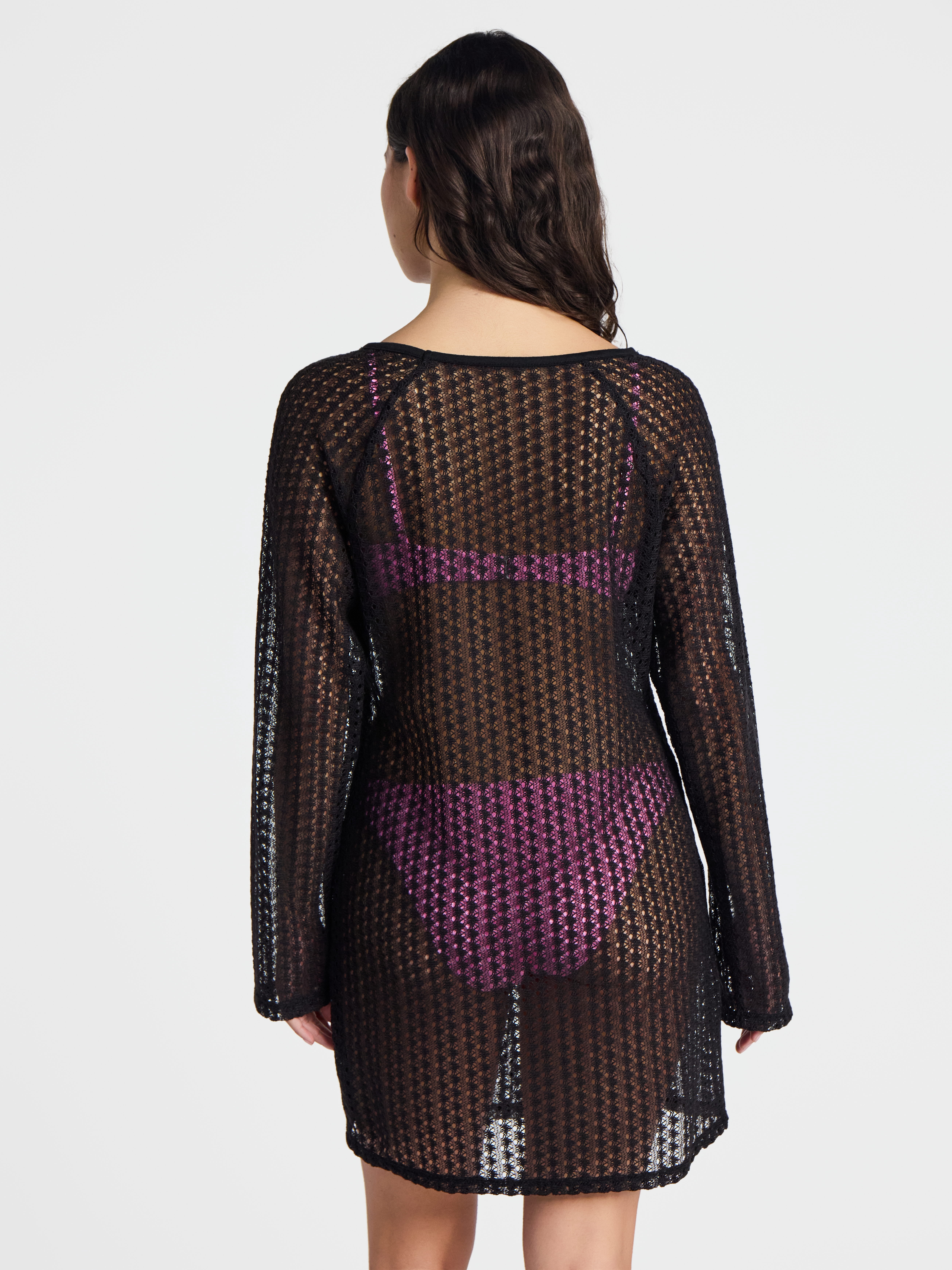 No Boundaries Women's Crochet Raglan Swim Coverup Dress (Black, L) yje2q