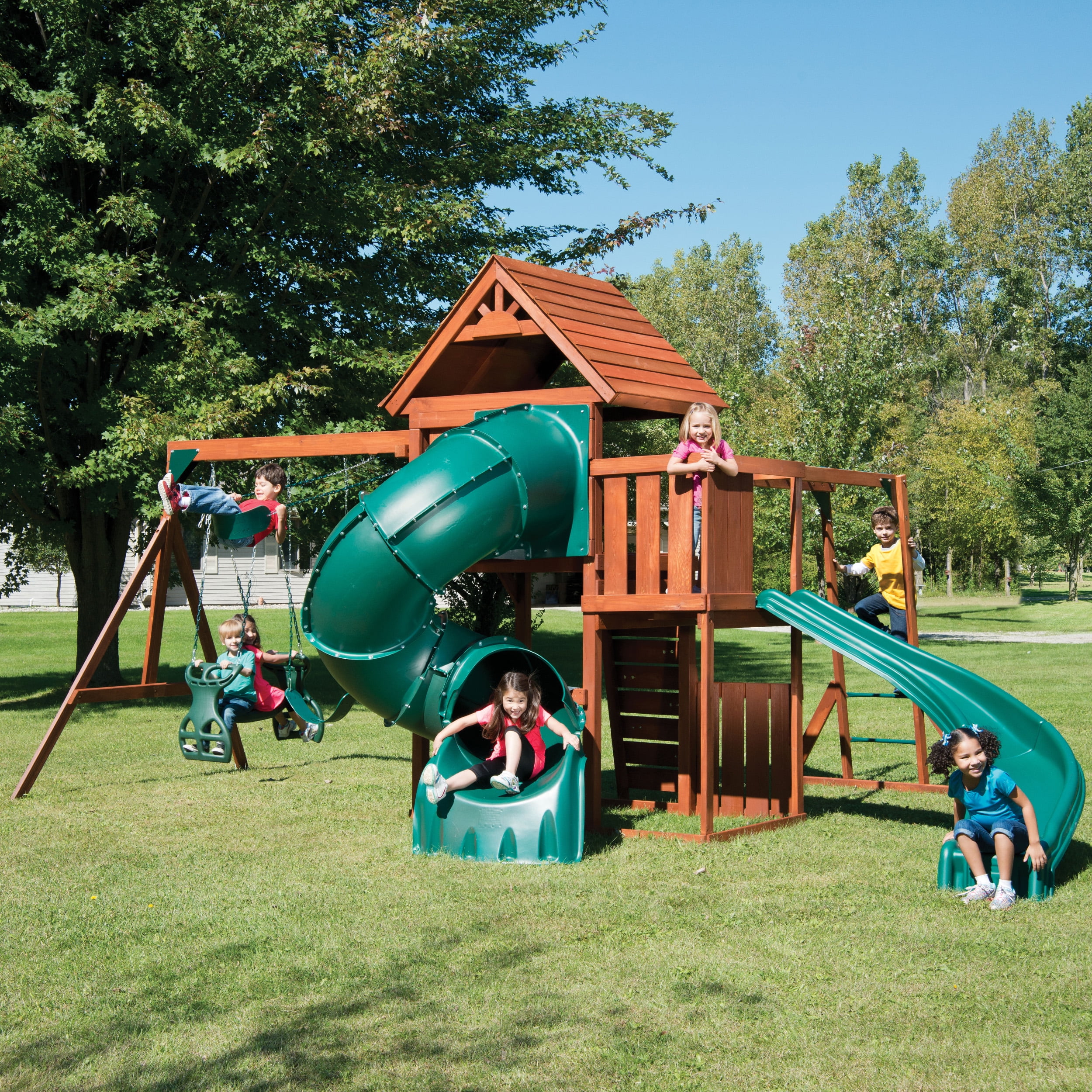 Swing-N-Slide Grandview Twist Wooden Backyard Playground Set with Slides and Monkey Bars (Green, 1 Unit) iqd8n