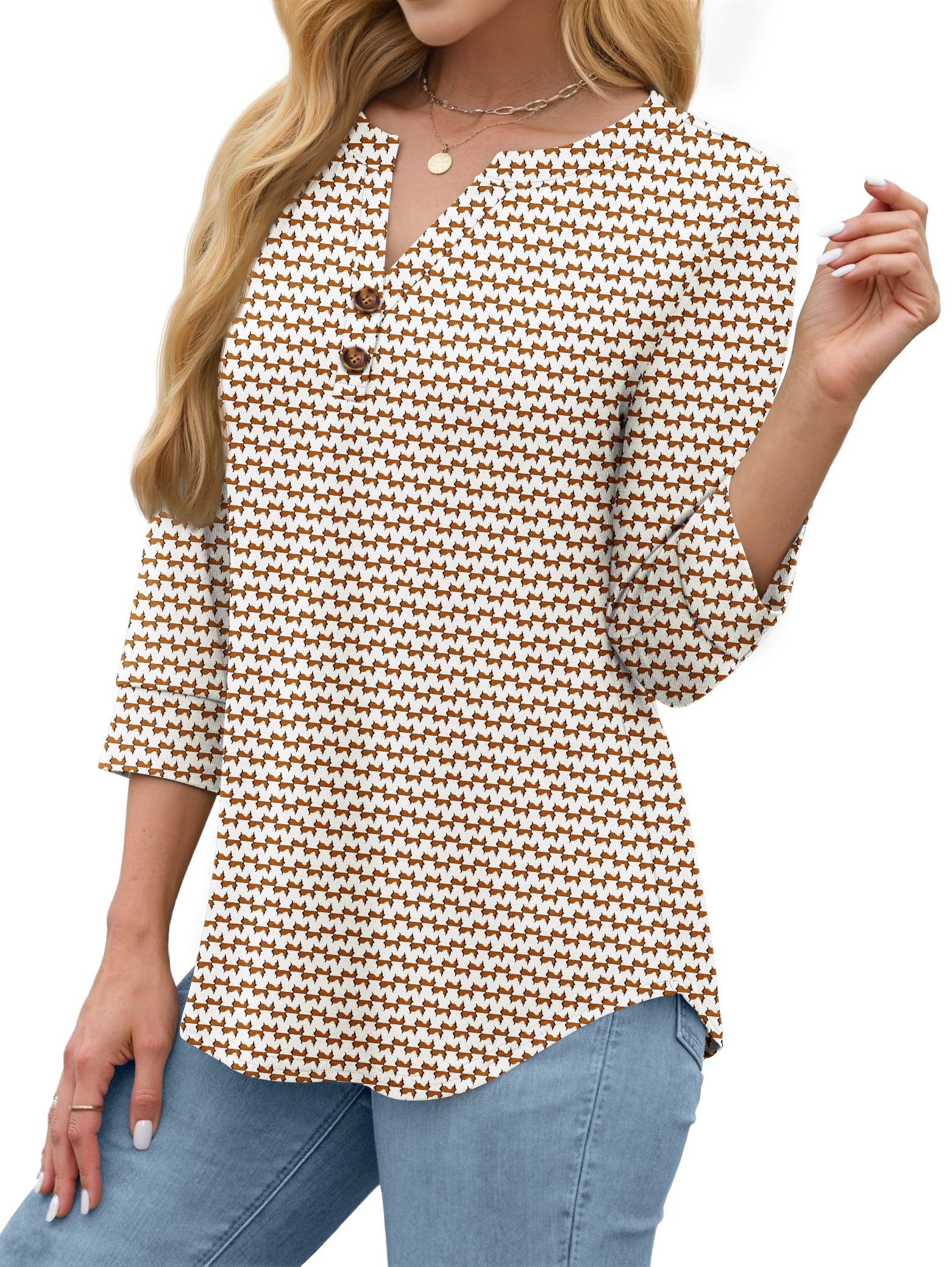 Fantaslook Womens V Neck Henley Blouse 3/4 Sleeve Dressy Casual Top (White, L) gyauw