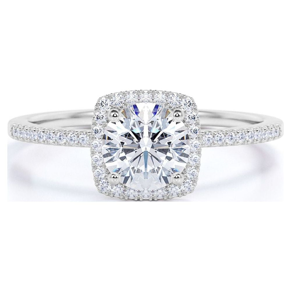 JeenMata Cushion Halo Engagement Ring 1 Carat Round Cut Moissanite Pave Prong Set (White Gold Plated, Size 7) p7hdp