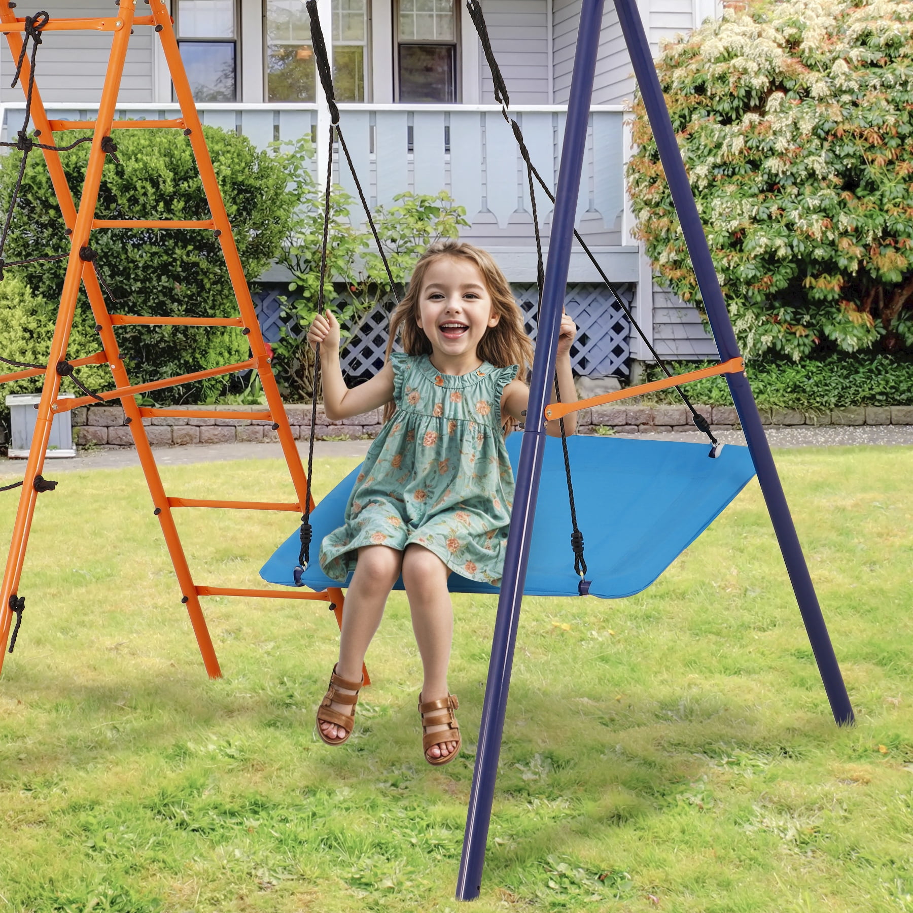 ZenSports 5-in-1 Outdoor Kids Swing Set with Saucer Swing, Belt Swing, Seesaw, Basketball Hoop, and Climbing Ladder (Orange, 660 lb Capacity) wfok7
