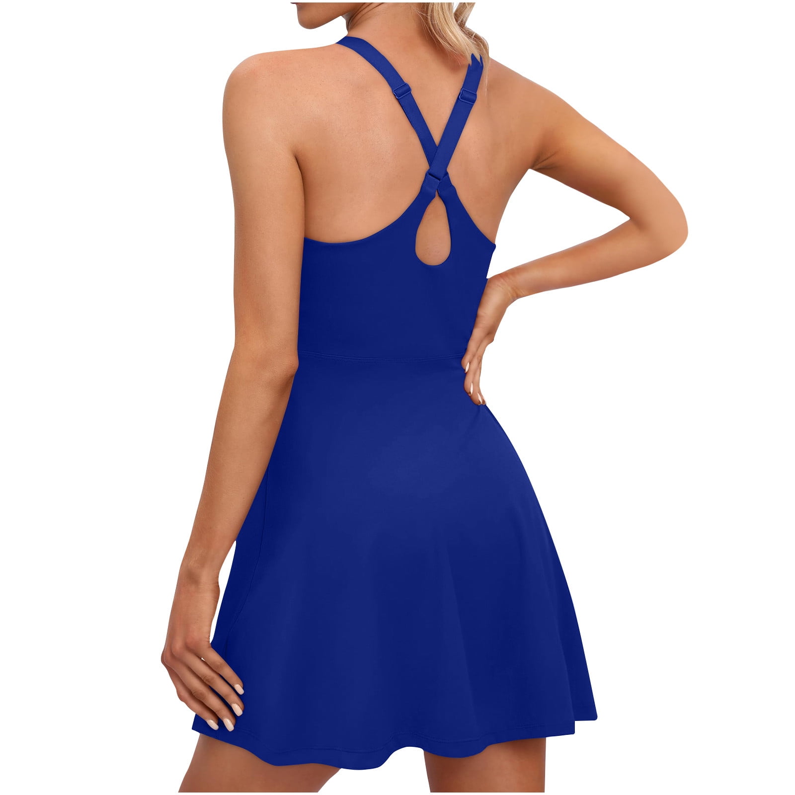 Miqool Womens Athletic Tennis Dress with Built-in Shorts and Bra Crisscross Back Workout Mini Dress (Blue, L) 6orfv