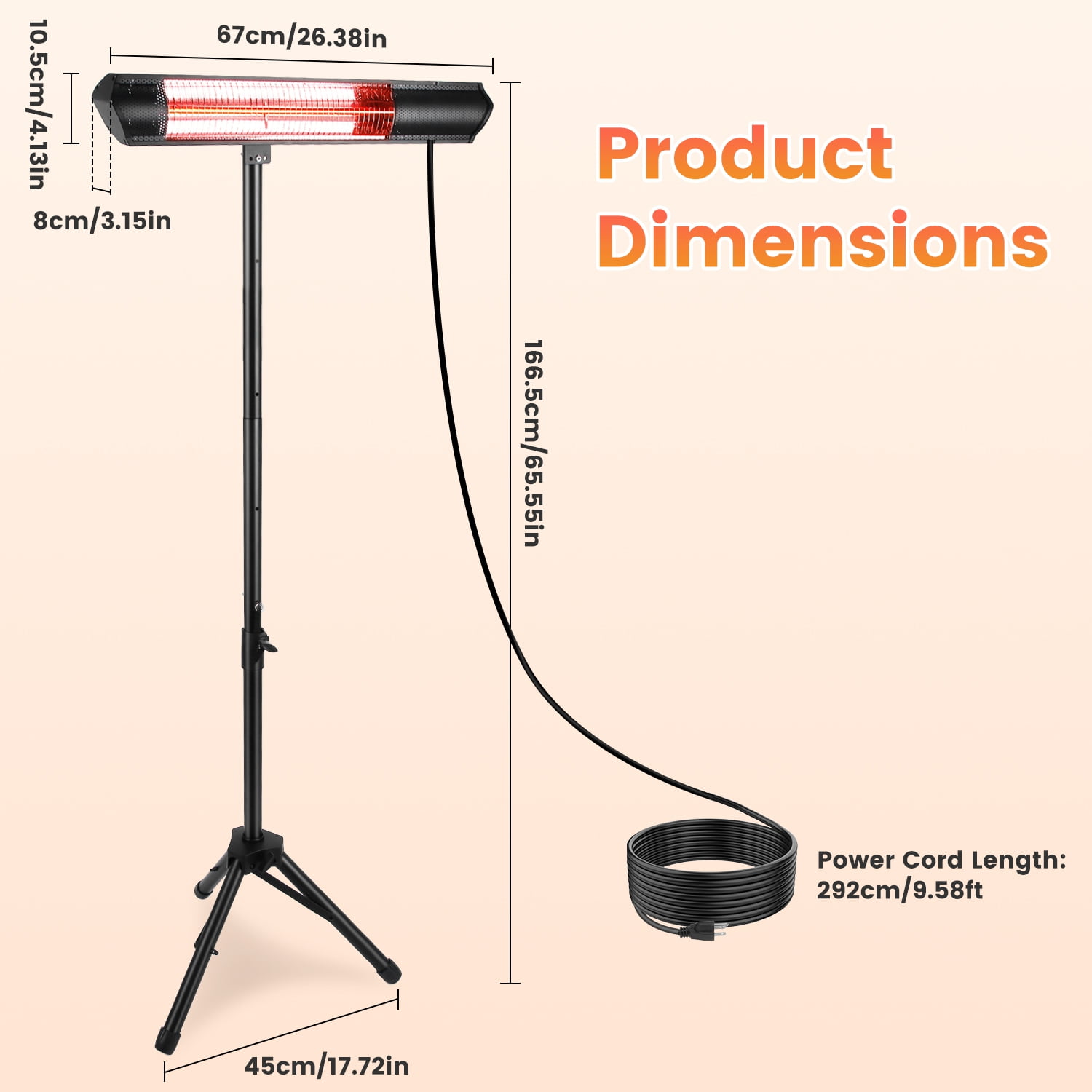 Imountek 1500W Infrared Electric Patio Heater with Adjustable Tripod Stand and Wall Mount (Black, 65.55 in) lnm4y