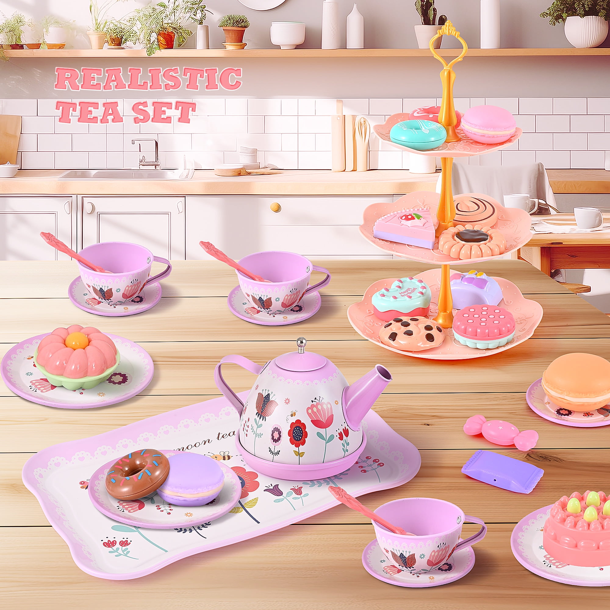TOPFOX 45-Piece Princess Tea Party Set, Pretend Play Kitchen Toy with Tin Teapot, Cups, Plates, and Carrying Case (Pink, 45-Piece Set) e9om7