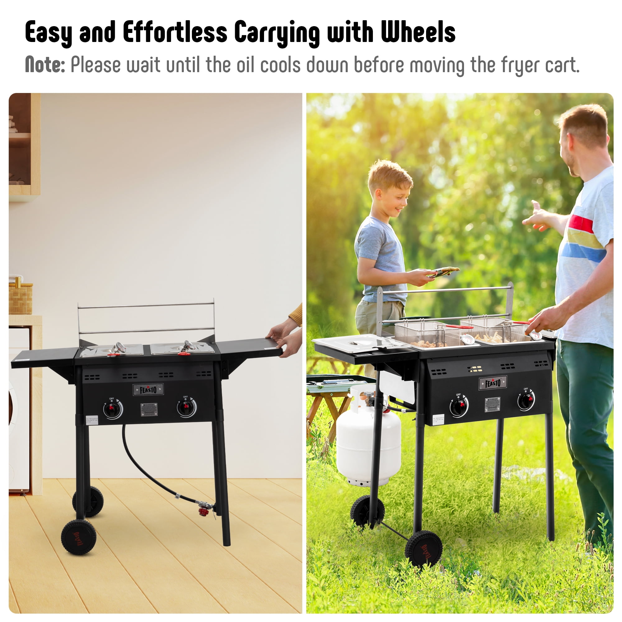 Feasto Dual Basket Propane Turkey Fryer, Outdoor Deep Fryer with Foldable Side Shelves (Black, 50,000 BTU) c0z51