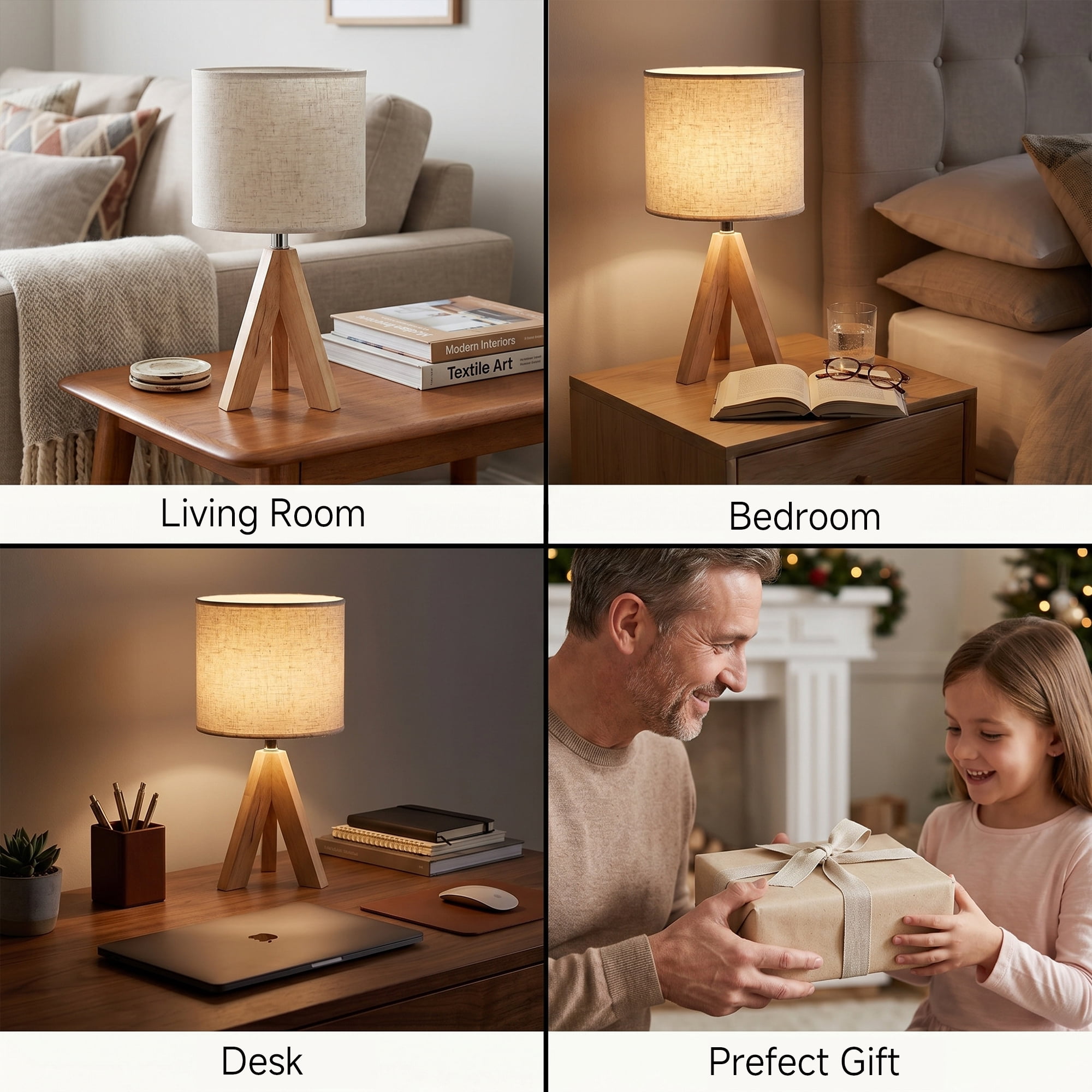 DAYBETTER Modern Wooden Tripod Table Lamp with 3 Color Temperatures (Light Brown, 15 in) pg1gx