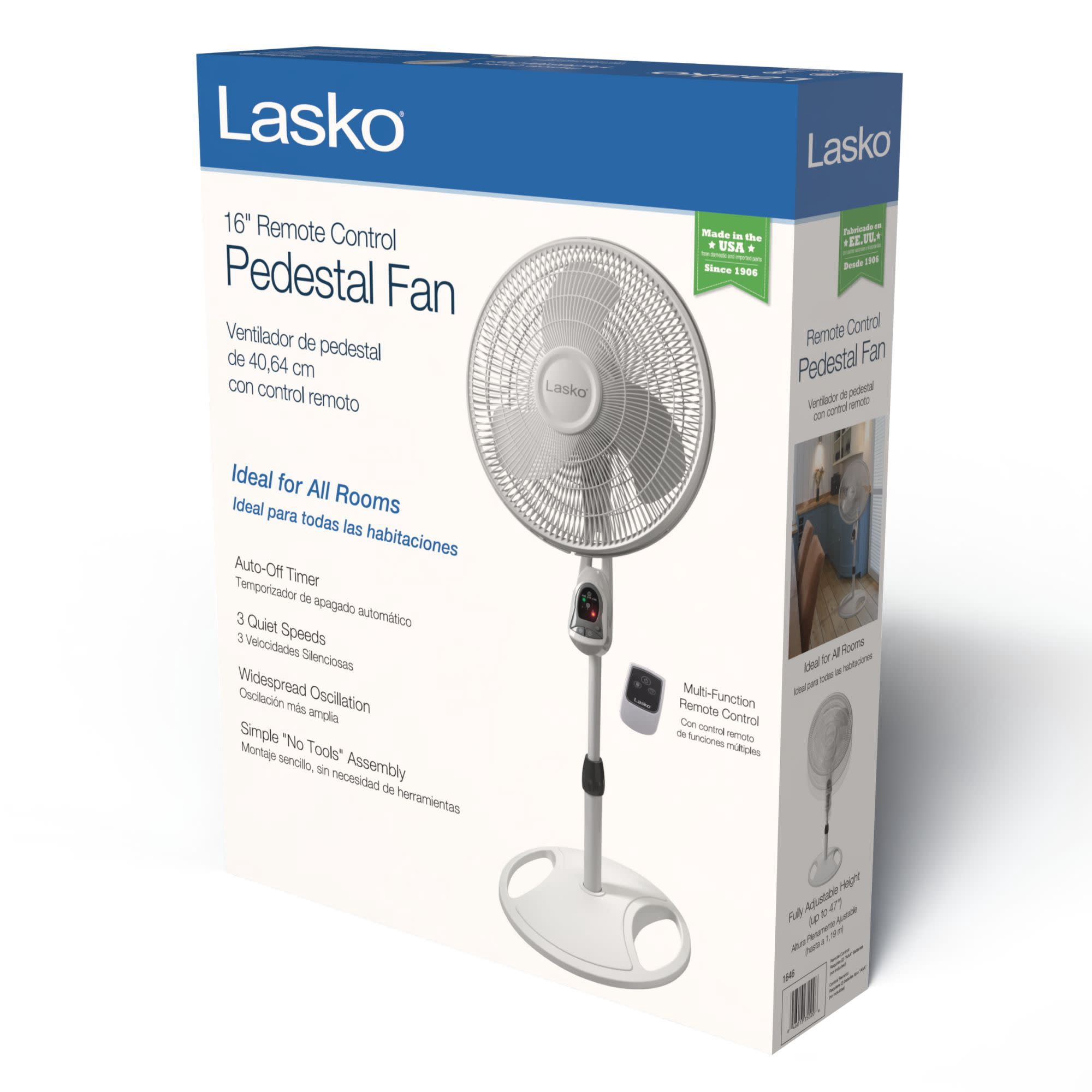 Lasko 16-inch Quiet Oscillating Pedestal Fan with Remote Control and Adjustable Height (White, 16 in) 7czh8