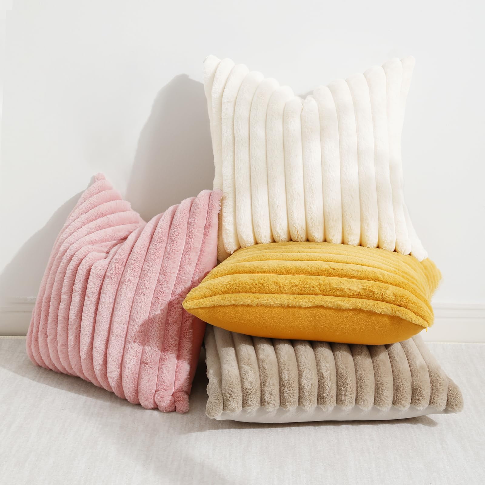 decorUhome Faux Fur Plush Throw Pillow Covers, Soft Striped Decorative Couch Cushion Cases (Cream White, 18x18 in, 2 Pack) qzjp8