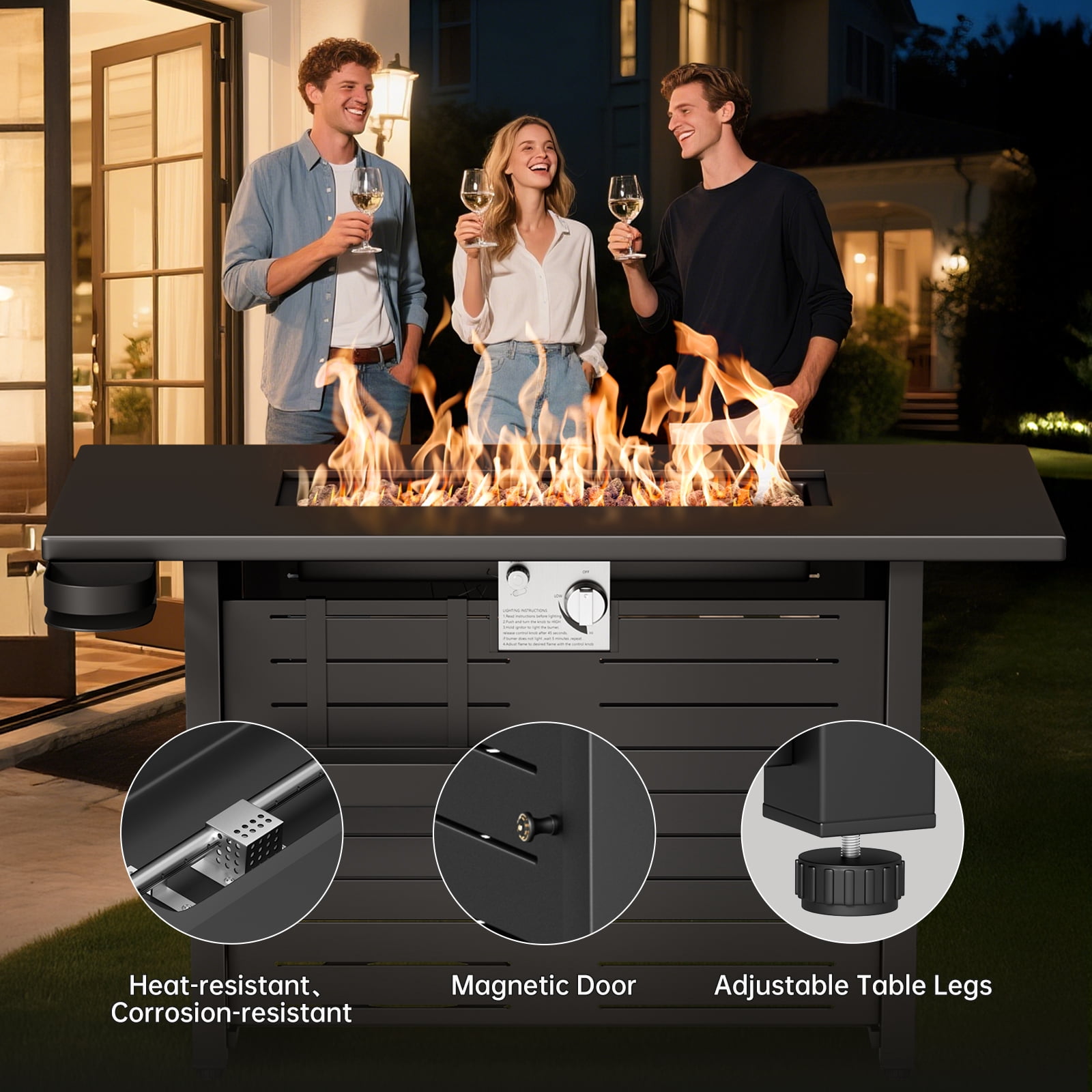 KingChii 45 in Propane Fire Pit Table with Lid and Lava Stone, 60,000 BTU Steel Gas Fire Pit for Outdoor Patio (Black, 45 in) dbp4b
