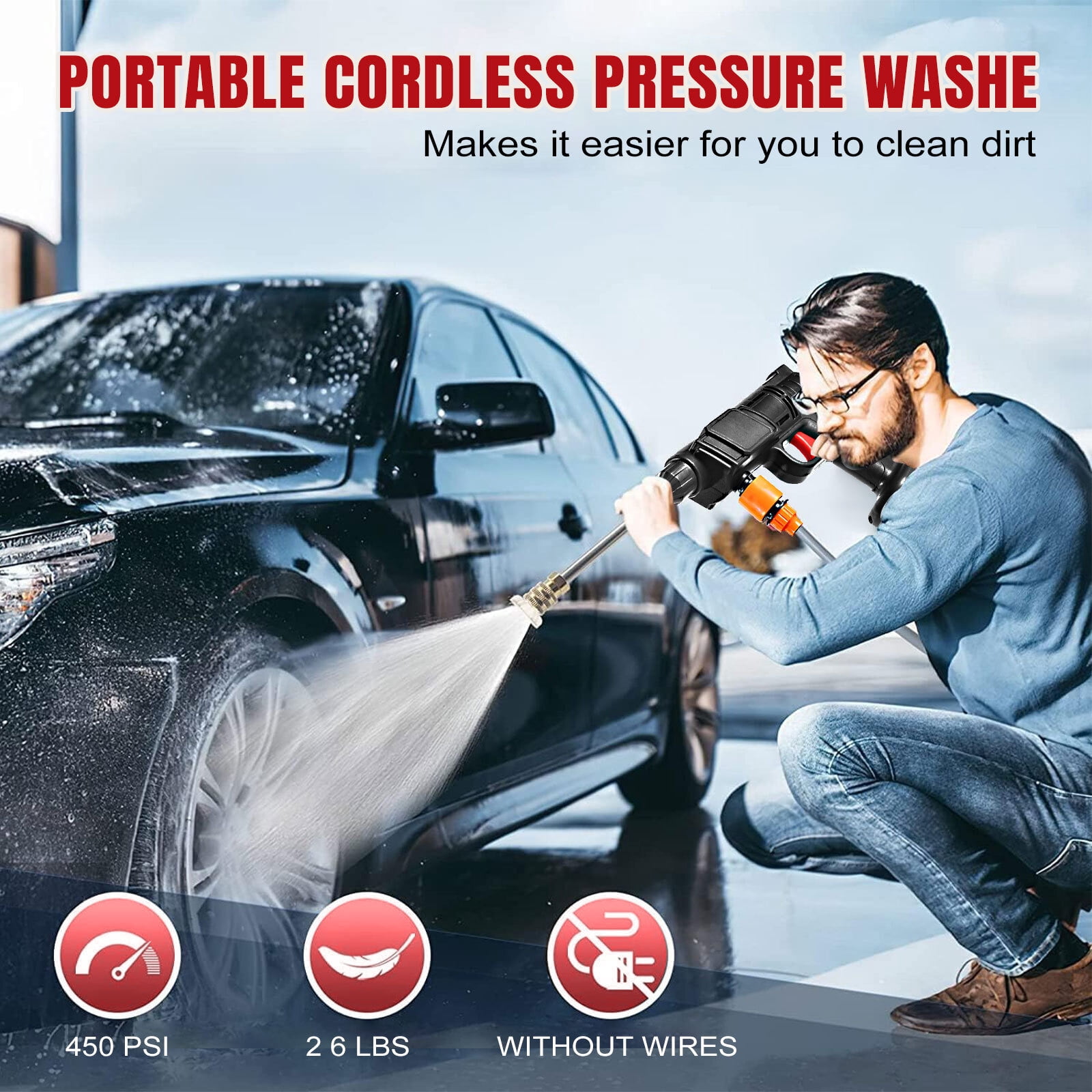 DFITO Cordless Power Pressure Washer, Portable High-Pressure Cleaner with 3-in-1 Adjustable Nozzle and 16.4 ft Hose (21V, 2.4Ah Battery) 96zxd