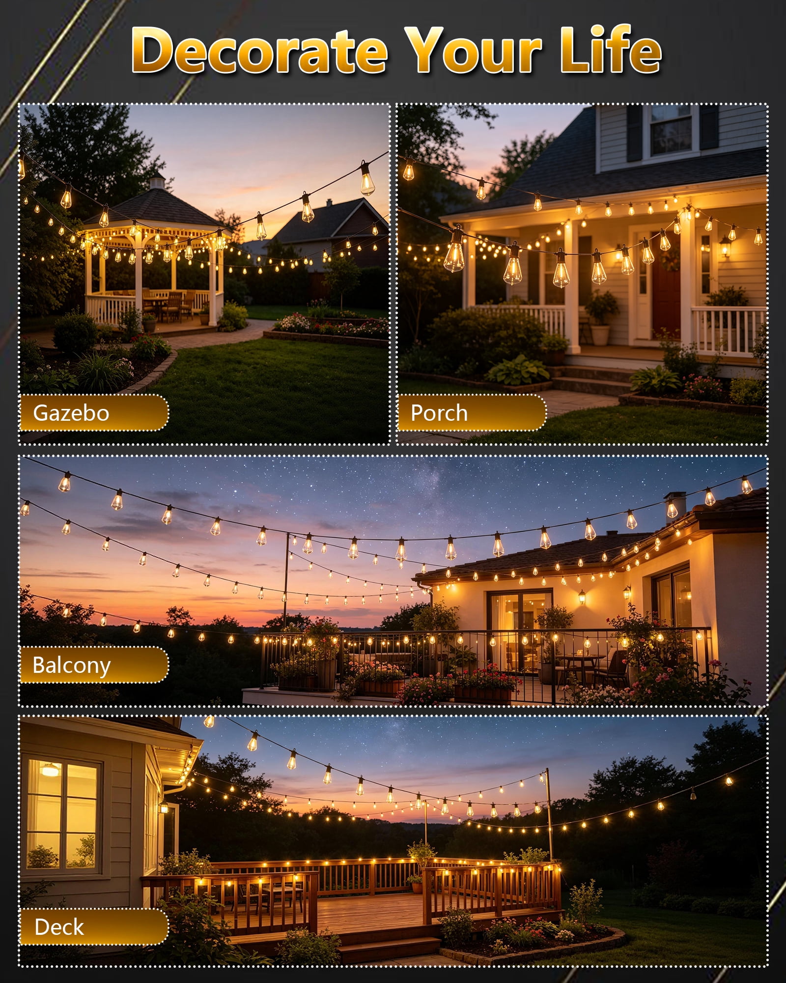 Beatineon LED Outdoor String Lights, Waterproof Patio Hanging Lights with 52 Edison Bulbs (100 ft) 3y80r