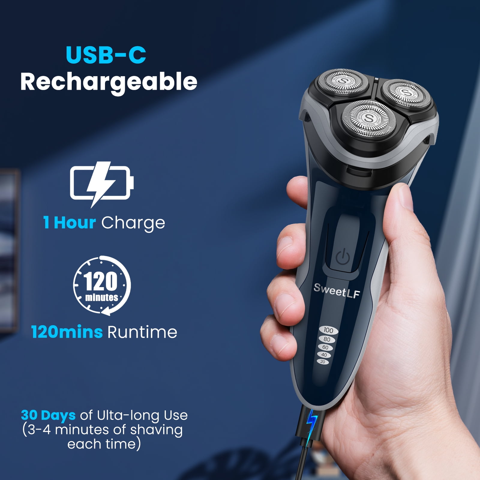 SweetLF Electric Shaver for Men, 3D Rotary Cordless Rechargeable Razor with Pop-up Trimmer (Blue, 1 Count) 38z9z