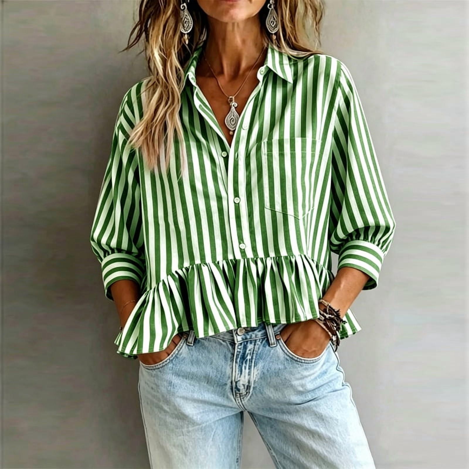 MORTTIC Women's Striped Ruffle Hem Babydoll Blouse (Green, Small) ls9pf