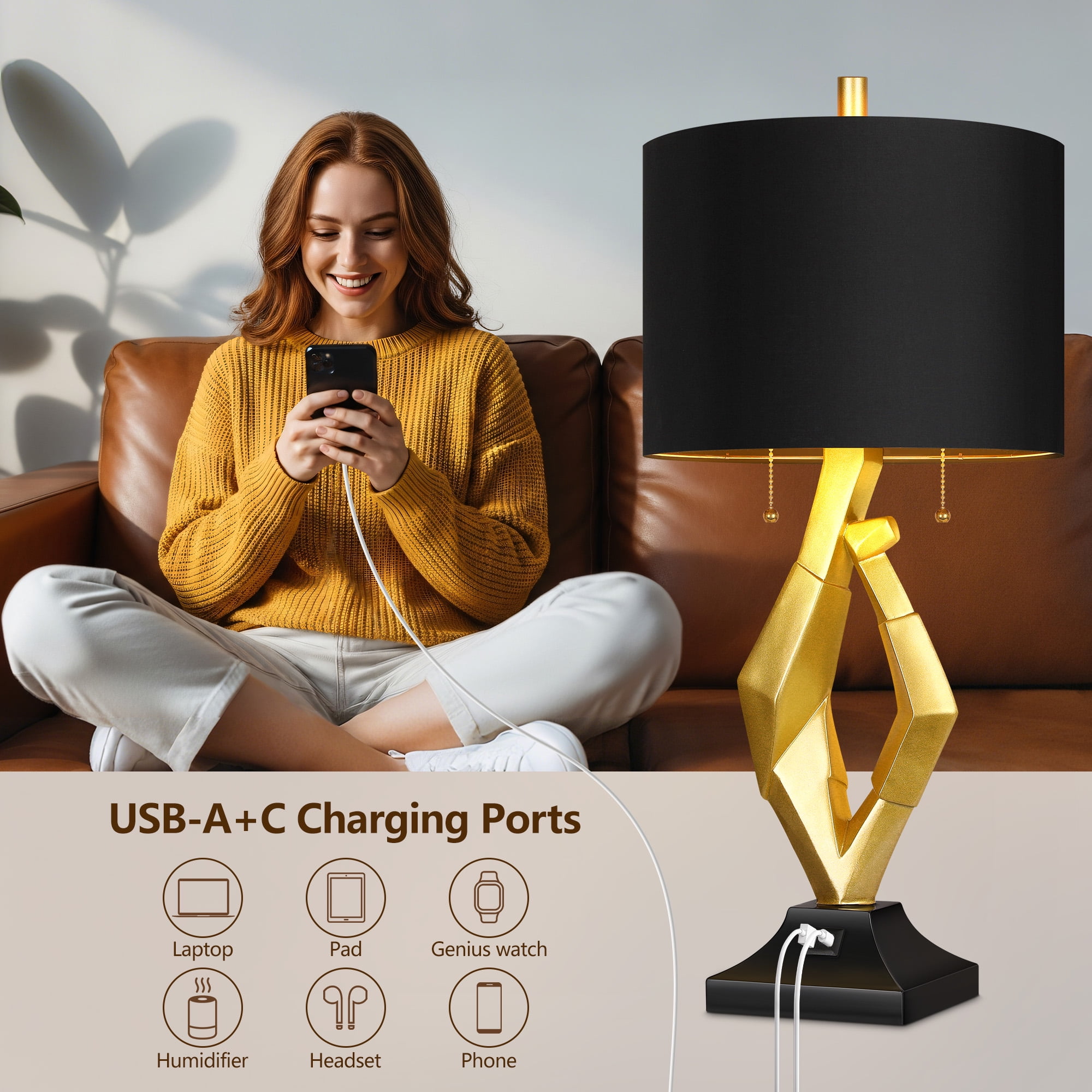 SparkGlowy Contemporary Resin Table Lamps with USB Charging Ports and Black Shades (Gold, 25.5 in) jw9tf