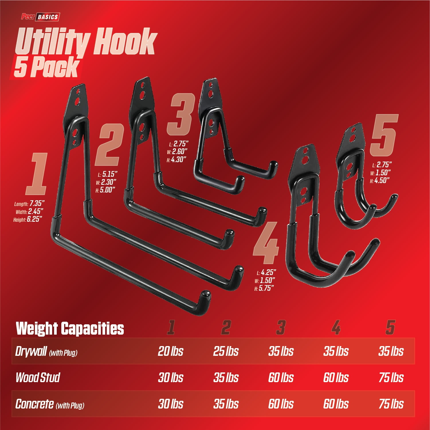 PeerBasics Heavy-Duty Utility Hook Set, Garage Organization Storage Hangers (Black, 5 Pack) sxvmi