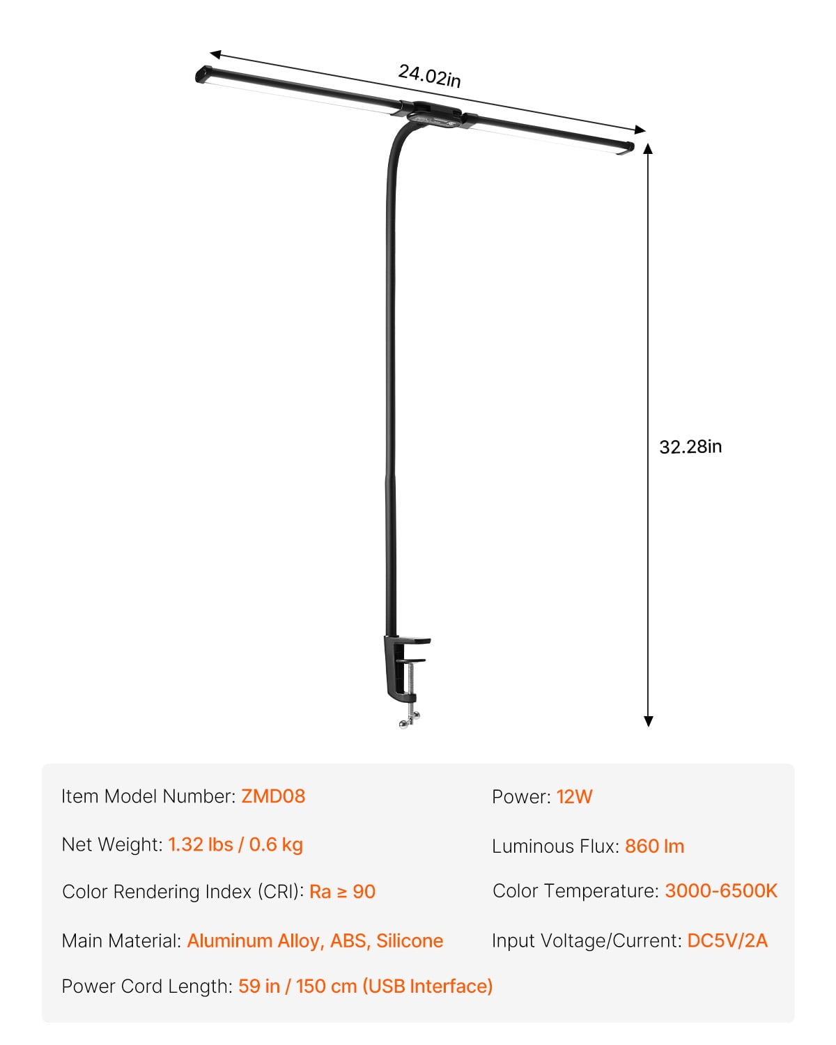 KFFKFF Dual Head LED Desk Lamp, Clamp-On Architect Light with Flexible Gooseneck, Eye-Friendly Workspace Lighting (Black, 24 in) wp9hj