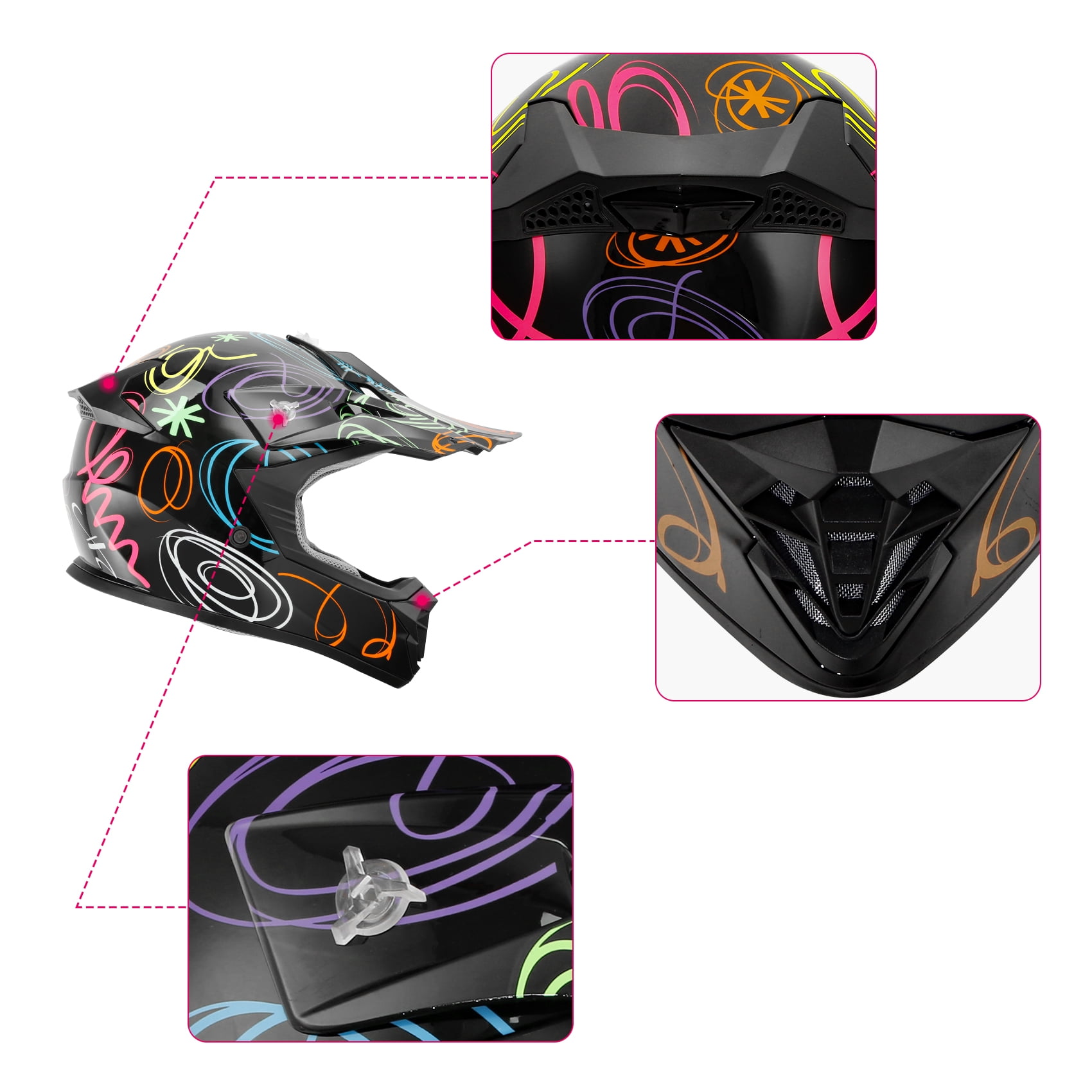 TCMT Kids Dirt Bike Helmet with Goggles and Gloves (Black Graffiti, Youth Small) 961ah