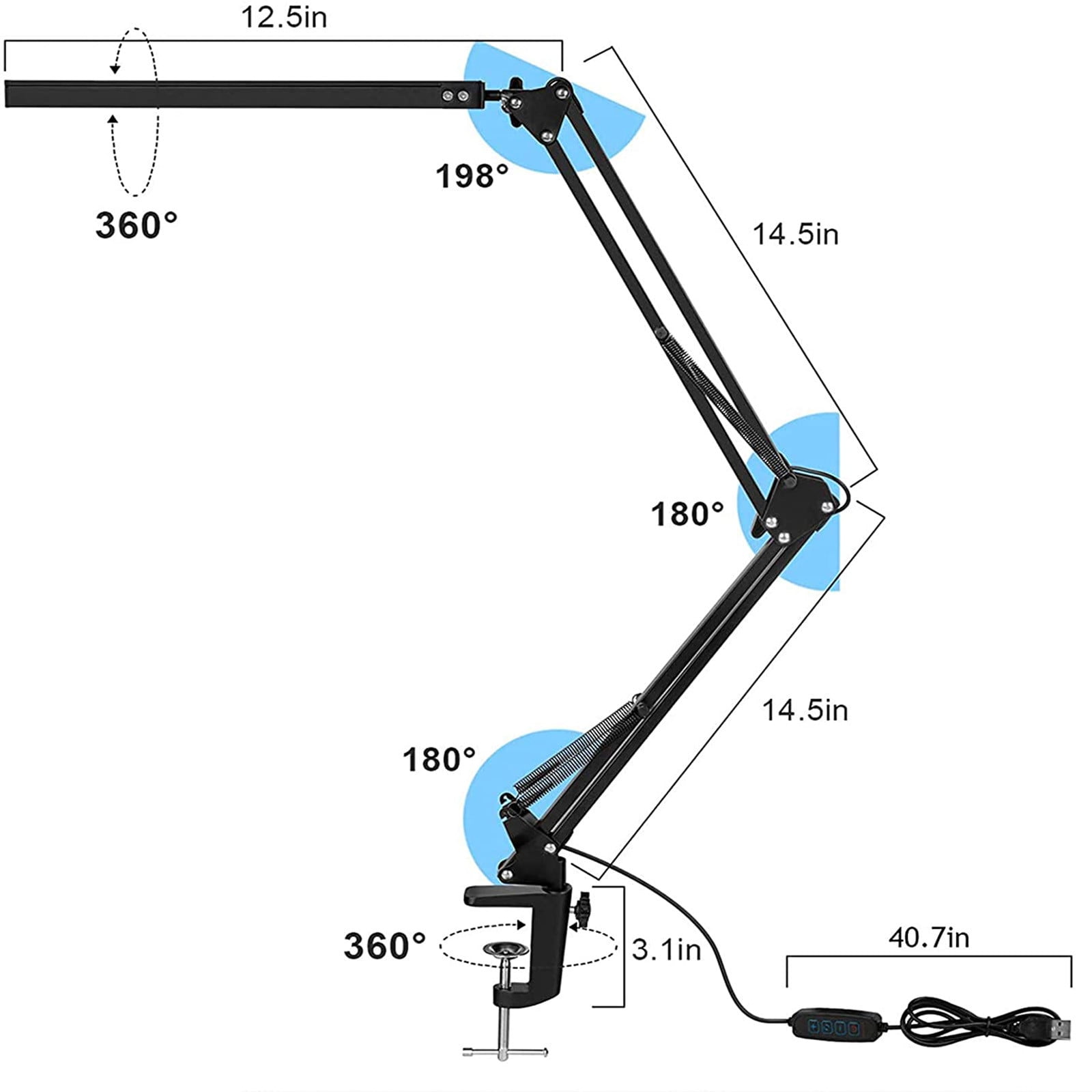 Fankiway LED Desk Lamp with Clamp, Adjustable Swivel Arm Eye-Care Task Light for Office and Crafting (Black, 1 Pack) hsvbg