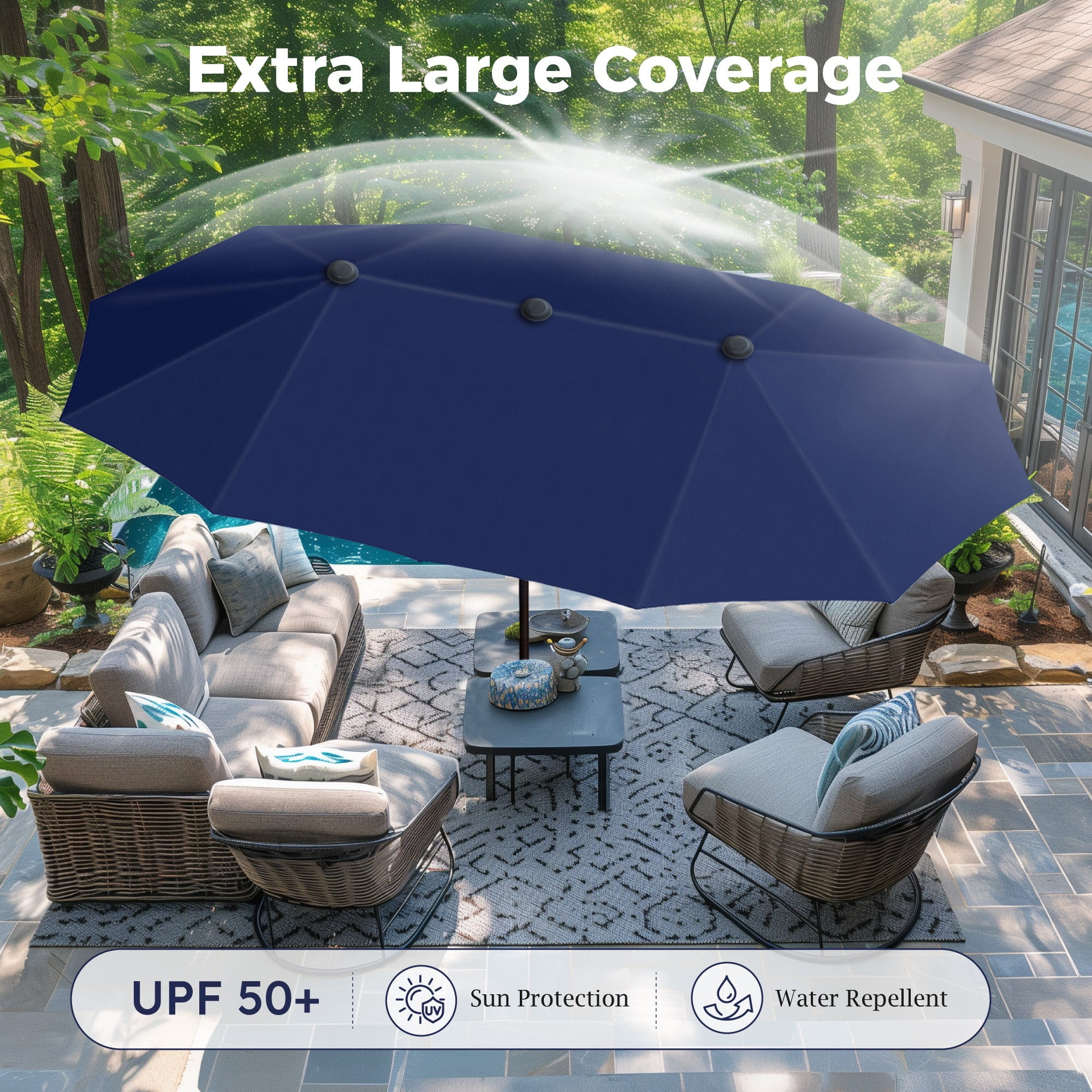 Alpha Joy 8-Piece Outdoor Patio Dining Set with Cushioned Rattan Chairs, Metal Table and 13 ft Navy Umbrella (Navy, 8-Piece Set) mwze0