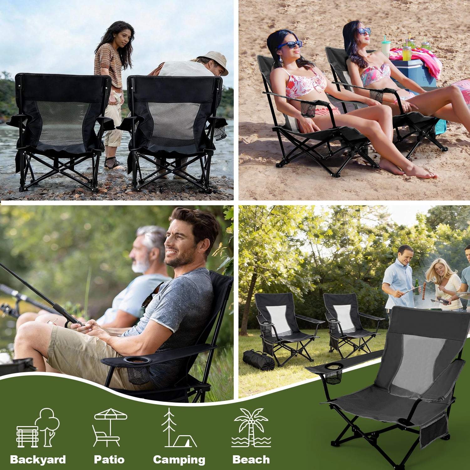 Walchoice Folding Beach Chair for Adults, Heavy Duty Portable Camping Chair with High Back and Cup Holder (Black, 30.7 in Wide) pt18e
