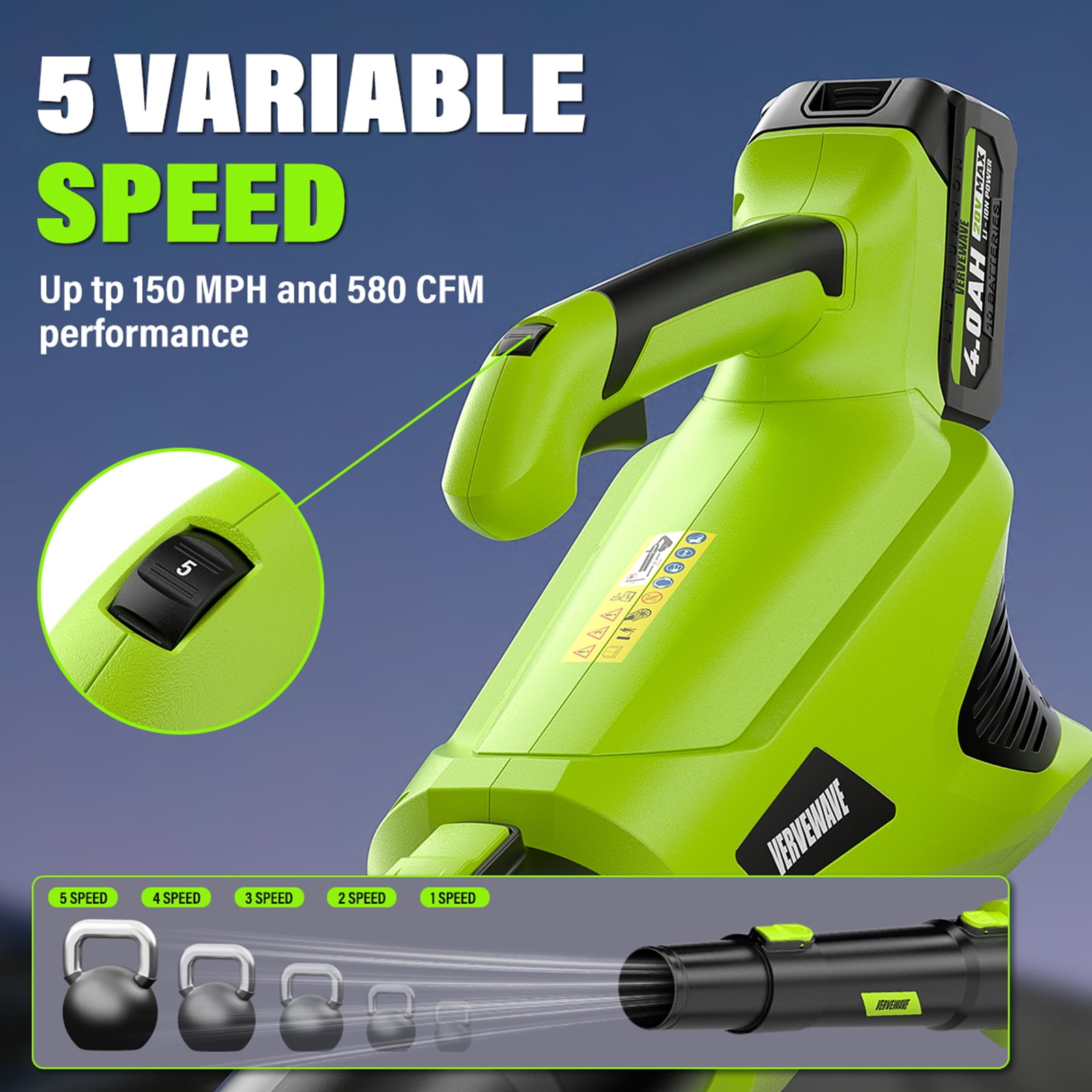 VERVEWAVE Cordless Leaf Blower, 580CFM Electric Handheld Blower with 5-Speed Control, Includes 2 x 4.0Ah Batteries and Charger (4.2 lb) uwsab
