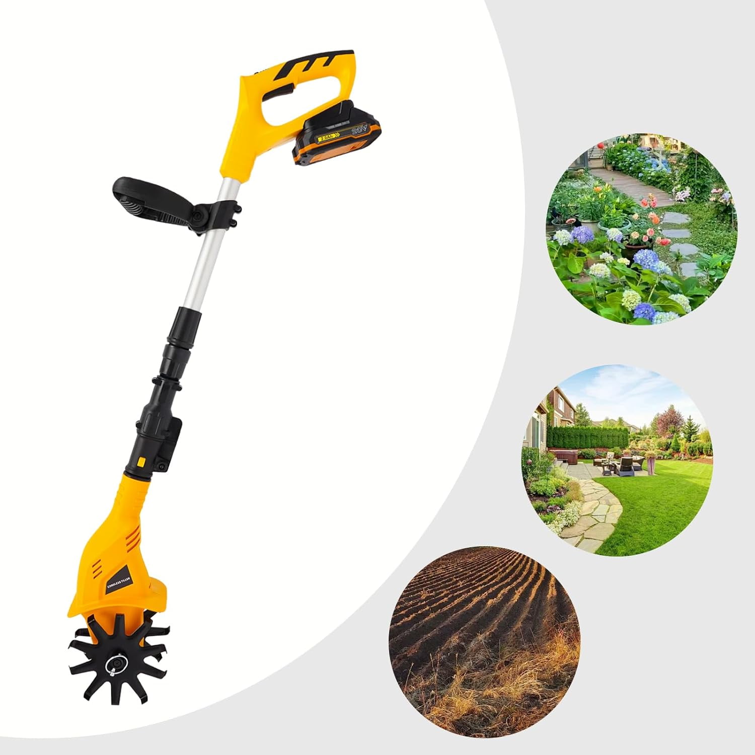 Generic 20V Cordless Electric Garden Tiller Cultivator (Adjustable Shaft, 8.38 lb) qbyu1