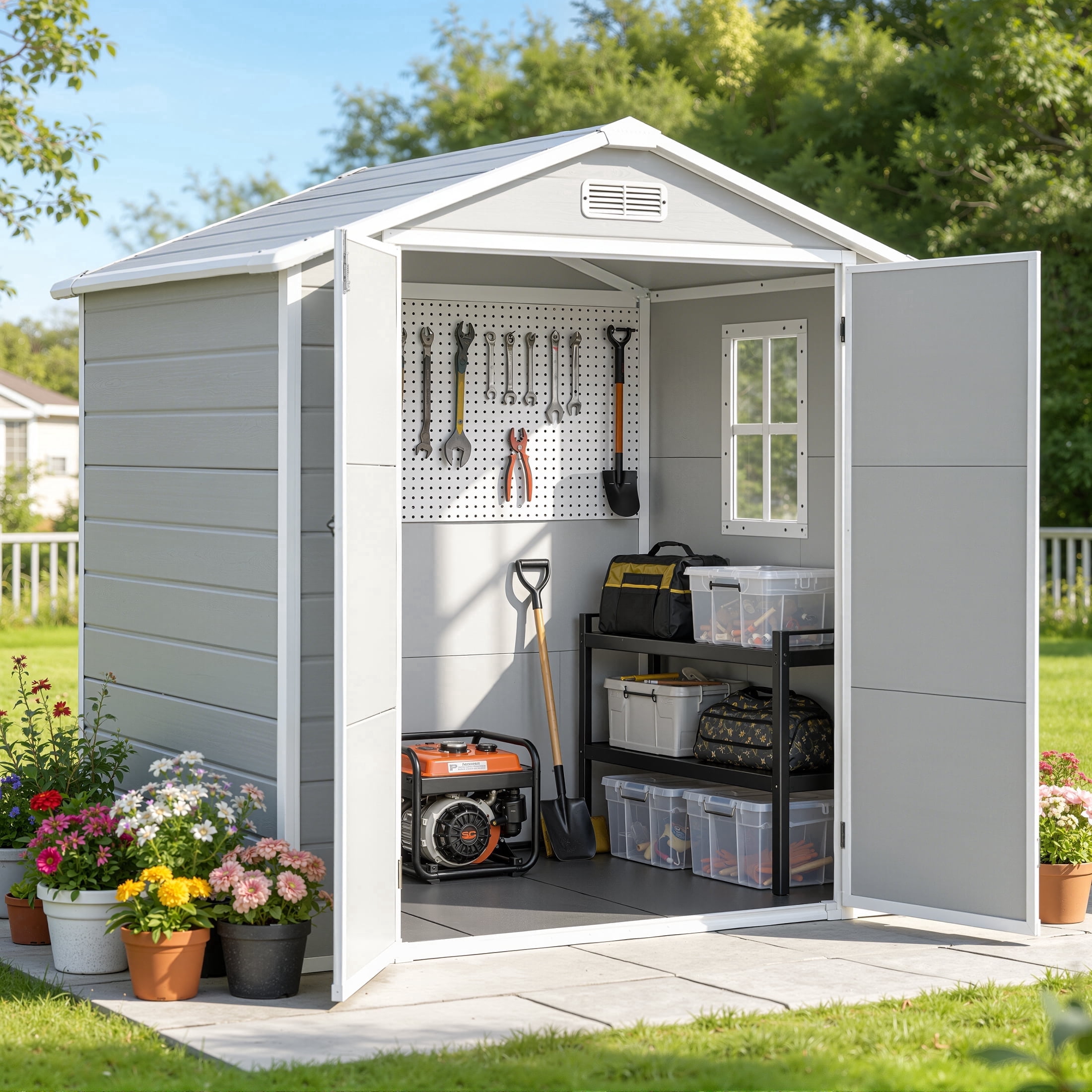 Enyopro Outdoor Storage Shed, All-Weather Resin Tool Shed with Floor and Double Lockable Doors (Grey, 6 ft x 4.4 ft) 6po0j