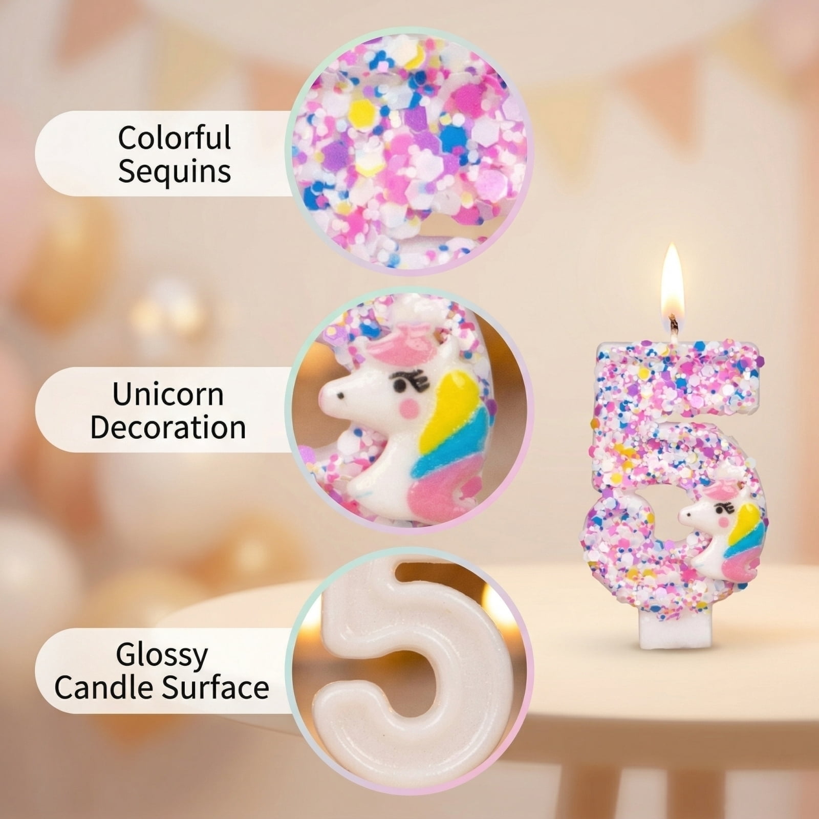 ECLA Unicorn Sparkle Number Birthday Candle, Glittery Confetti Cake Topper for Kids Parties (1 Count) uqbzt