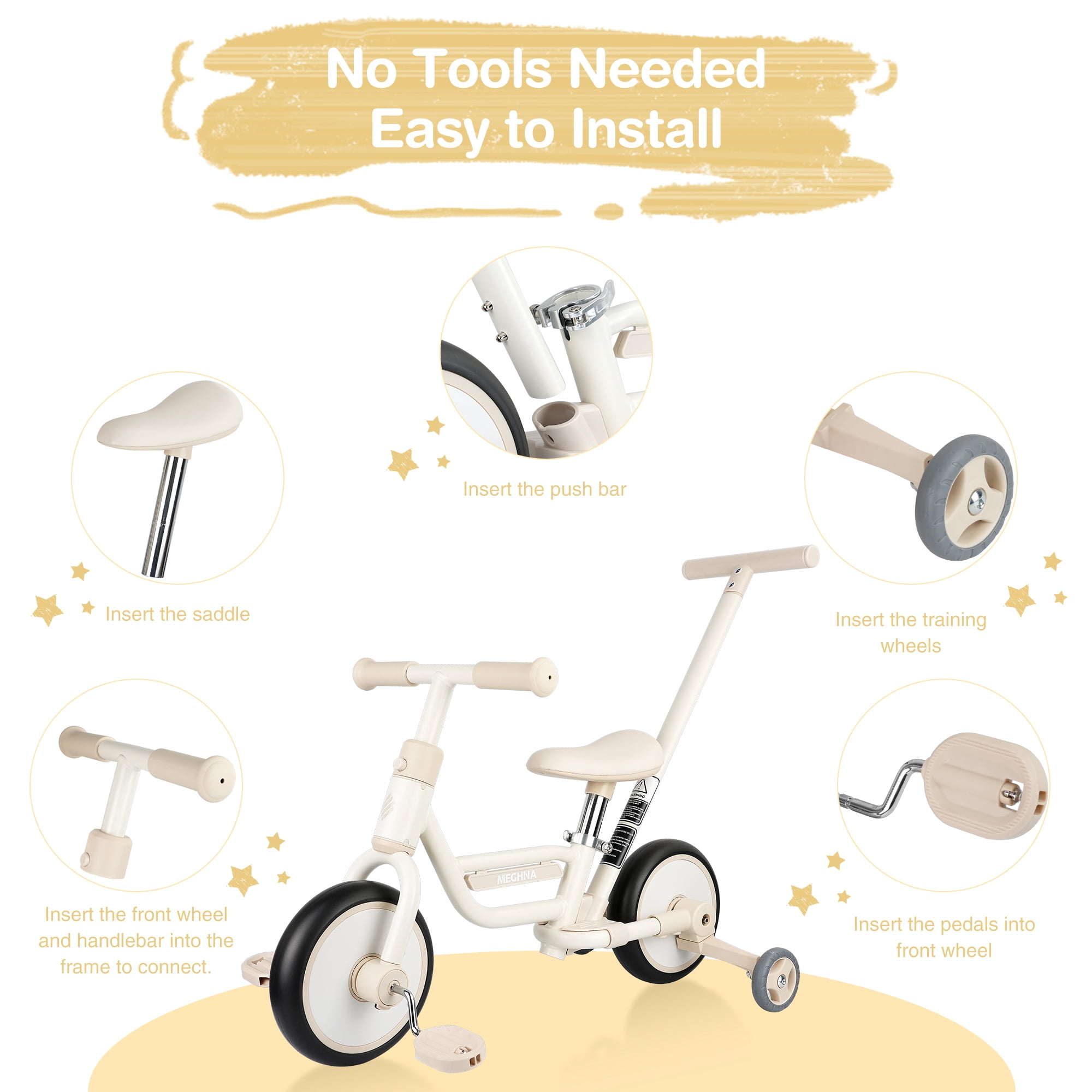 MEGHNA 4-in-1 Toddler Balance Bike with Pushbar and Detachable Training Wheels (White) 9g9z8