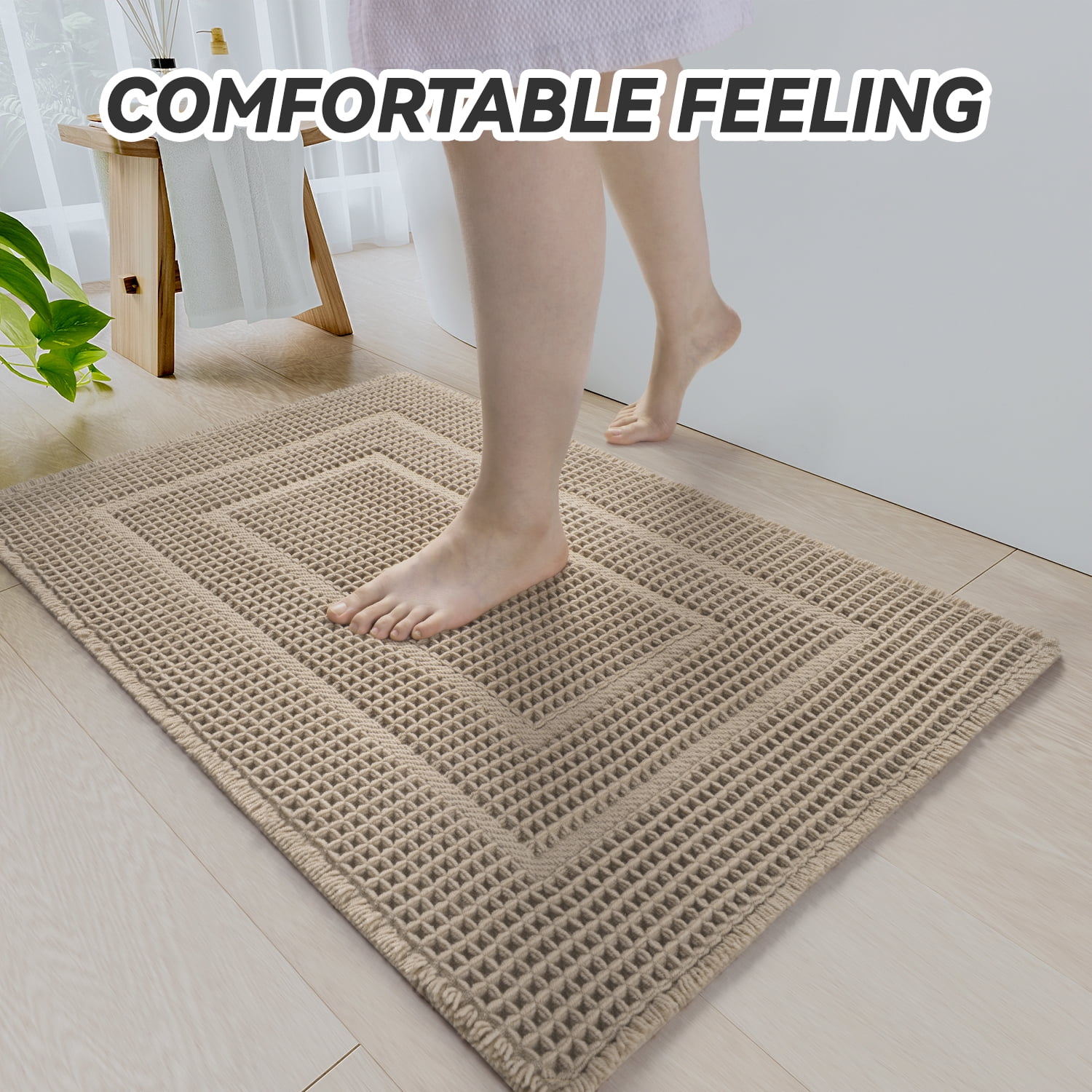 SIXHOME Waffle Bath Mat, Soft Absorbent Non-Slip Bathroom Rug with Rubber Backing, Boho Tassel Style (Brown, 18 in x 30 in) vpumd