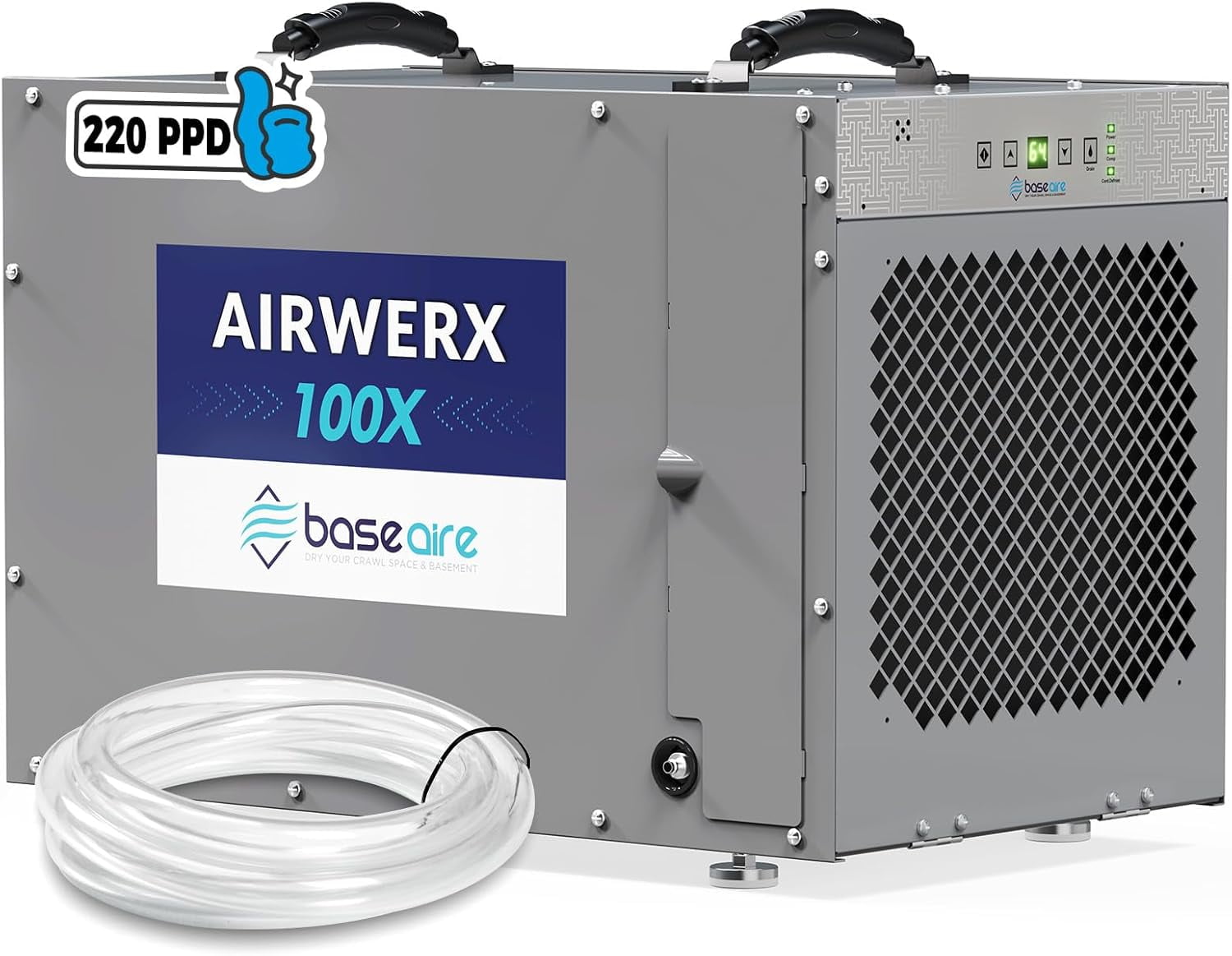 BaseAire Commercial Crawlspace Dehumidifier with Built-in Pump and Drain Hose (Grey, 220 Pints) 70mvq
