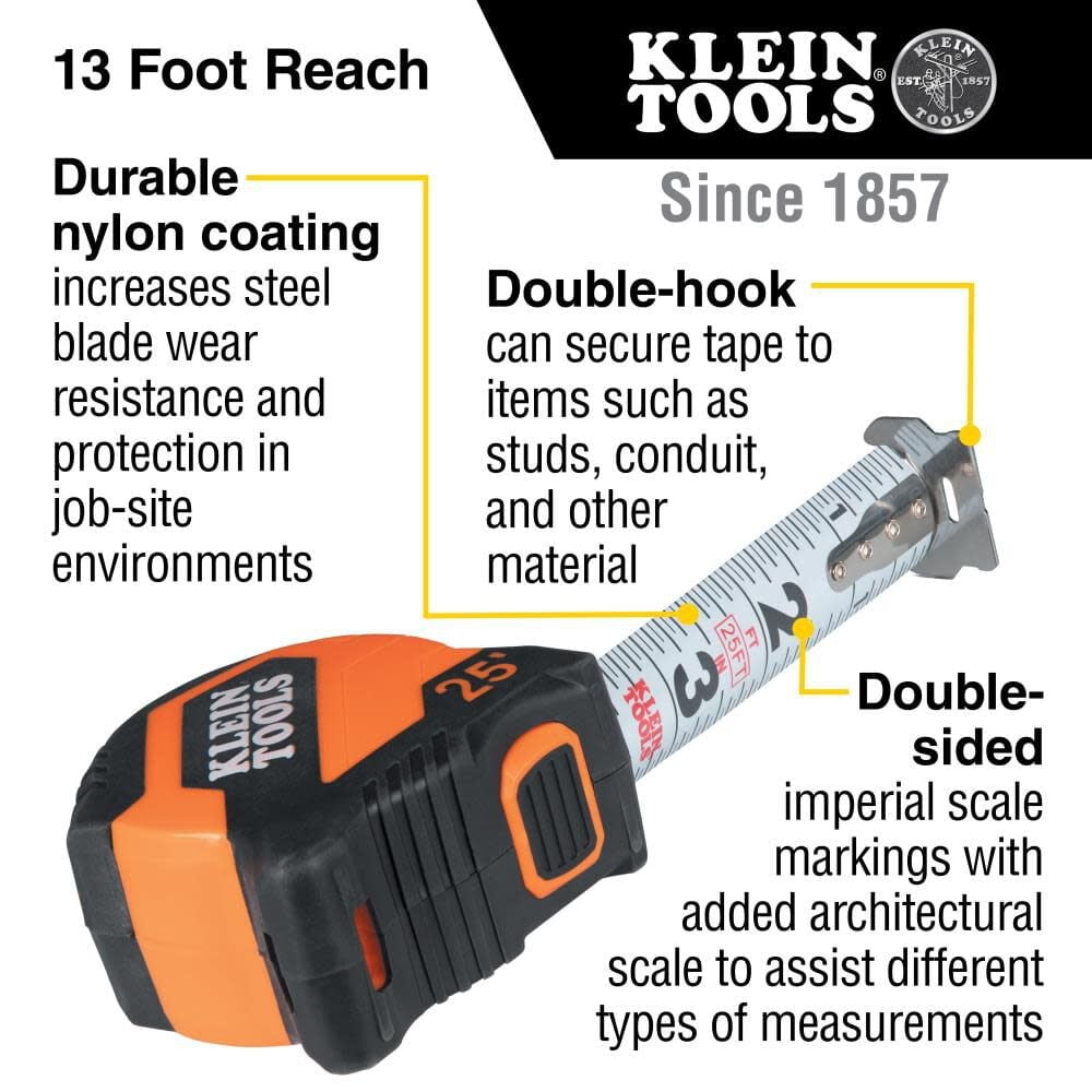 Klein Tools Compact Tape Measure, Heavy-Duty Steel Blade with Finger Brake (25 ft) semda