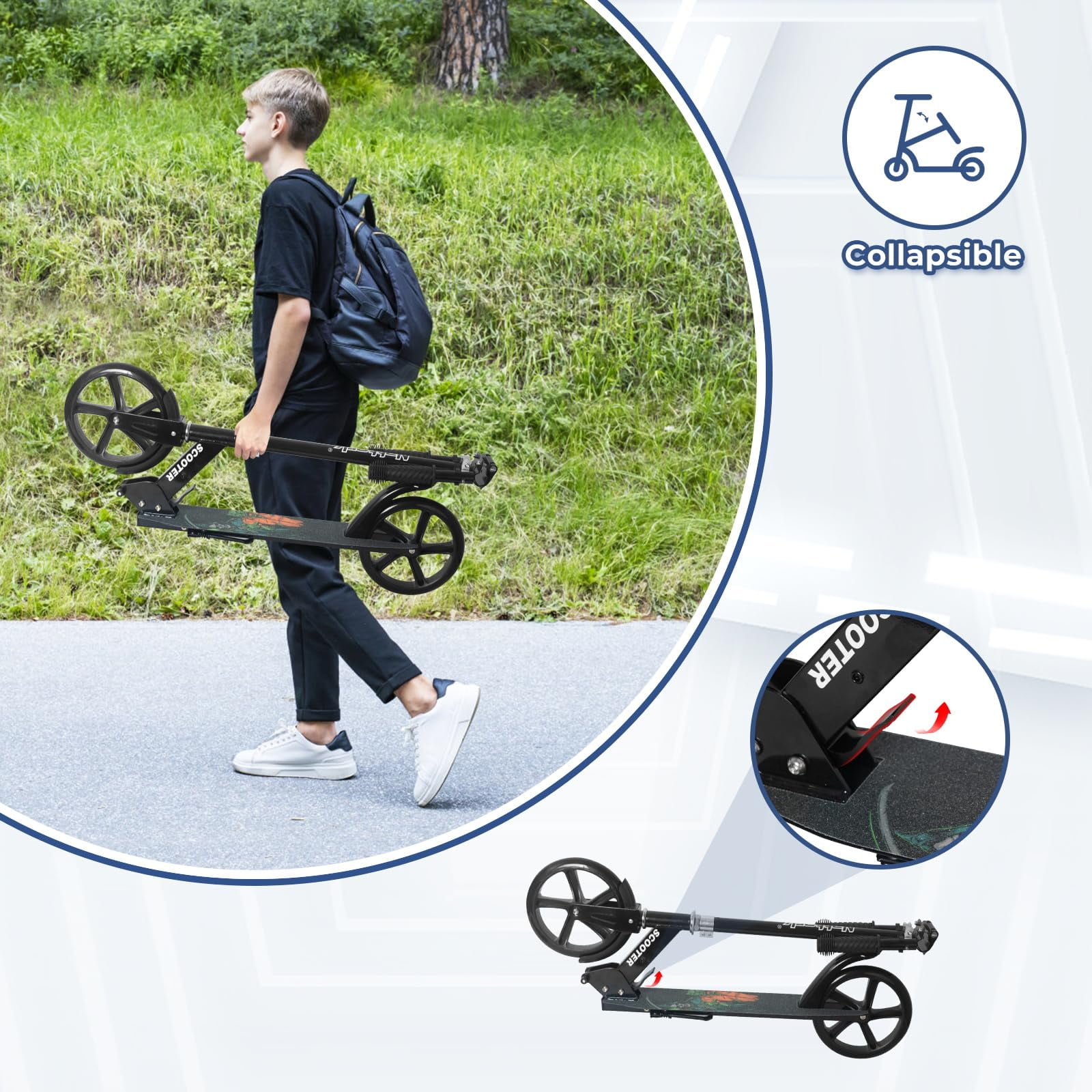 MammyGol Kick Scooter for Kids and Teens, Adjustable Height Folding Scooter with Anti-Shock Suspension (Black, 1 Unit) gz50v