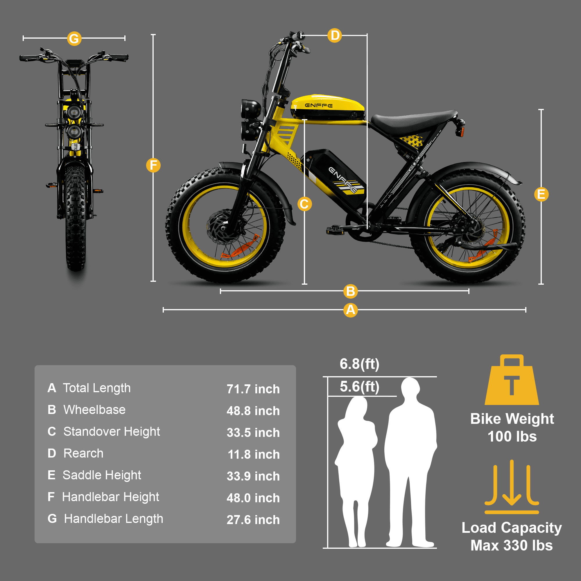 ENFFE 2D Ultra Electric Bike for Adults, 3000W High-Power Off-Road E-Bike, 48V 45Ah Battery, 200-Mile Range, 20 in x 4.0 in Fat Tires (Yellow) kx95b